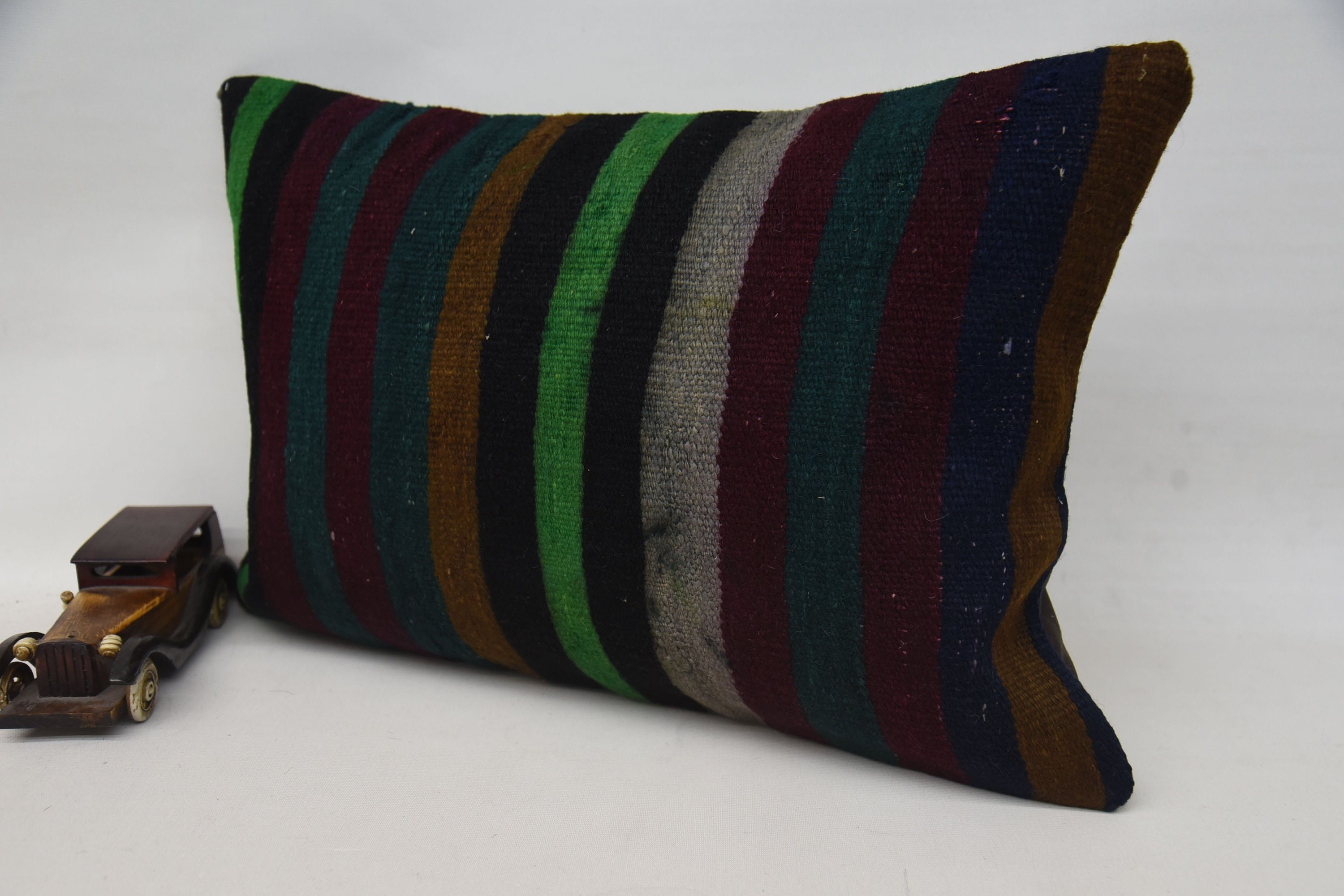 Ethnical Kilim Rug Pillow, Kilim Cushion Sham, 16"x24" Green Pillow Sham, Neutral Throw Pillow Cover, Turkish Kilim Pillow