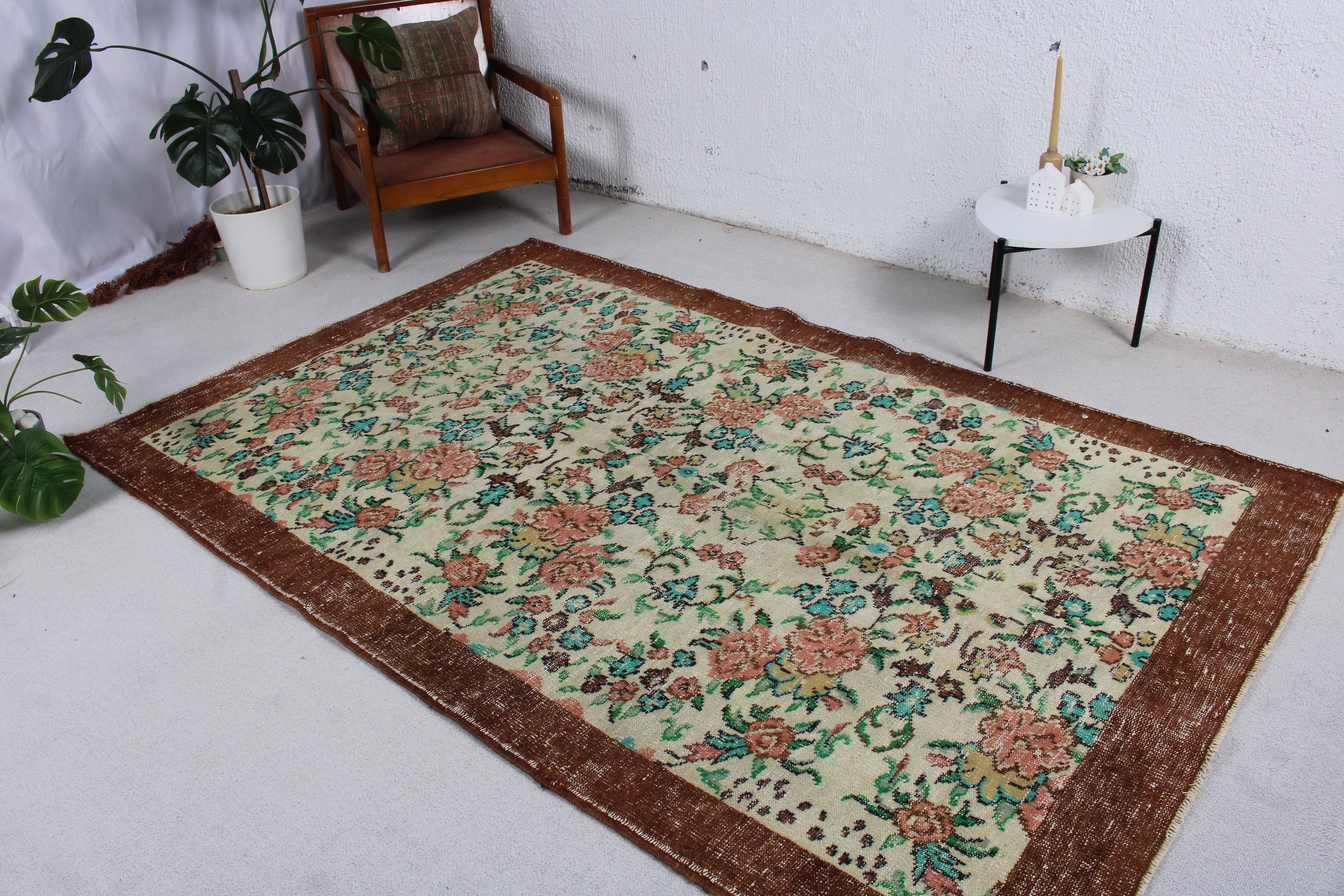 Açıklama Halısı, Türk Halısı, Ev Dekorasyonu Halıları, Vintage Halı, Büyük Oushak Halısı, Yatak Odası Halısı, Kahverengi Anadolu Halısı, 5,3x8,3 ft Büyük Halılar