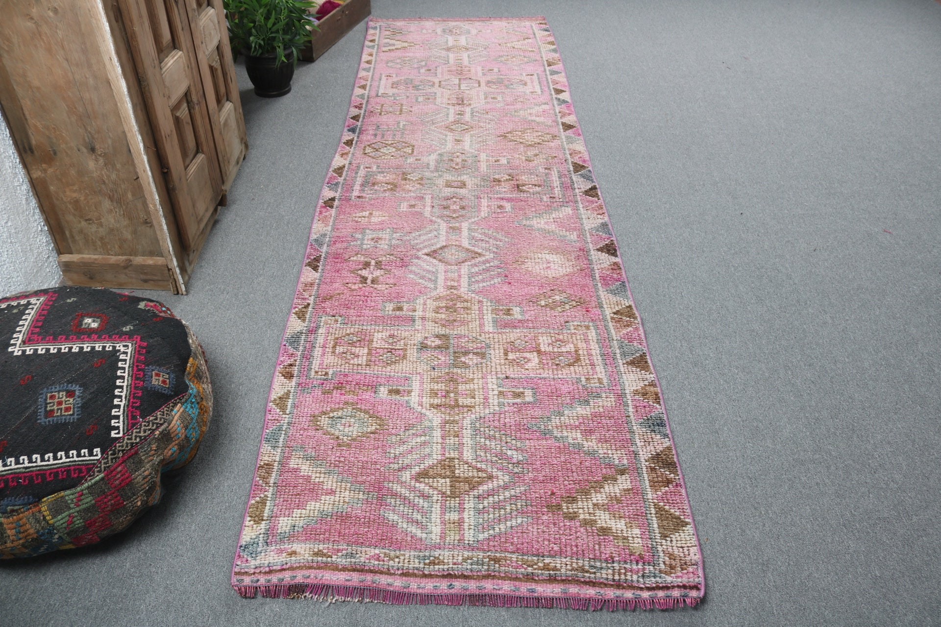 Pink Wool Rugs, Geometric Rug, Turkish Rug, Bedroom Rugs, 3.1x10.8 ft Runner Rug, Vintage Rugs, Hallway Rugs, Rugs for Beni Ourain Runner