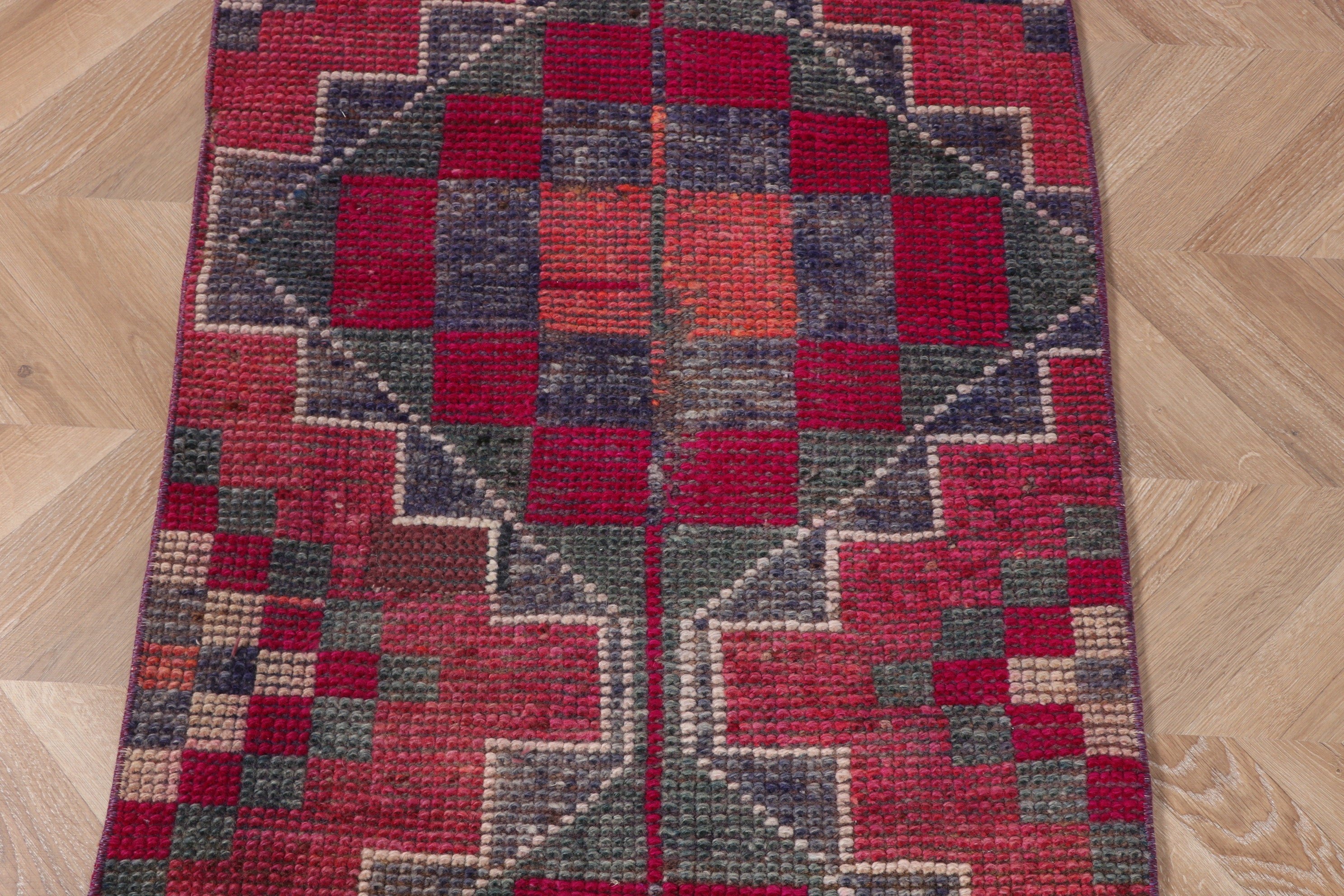 Yün Halı, Anadolu Halıları, Etnik Halılar, Vintage Halılar, Türk Halıları, Merdiven Halısı, 2.3x8.1 ft Runner Halısı, Pembe Geometrik Halılar, Uzun Runner Halısı