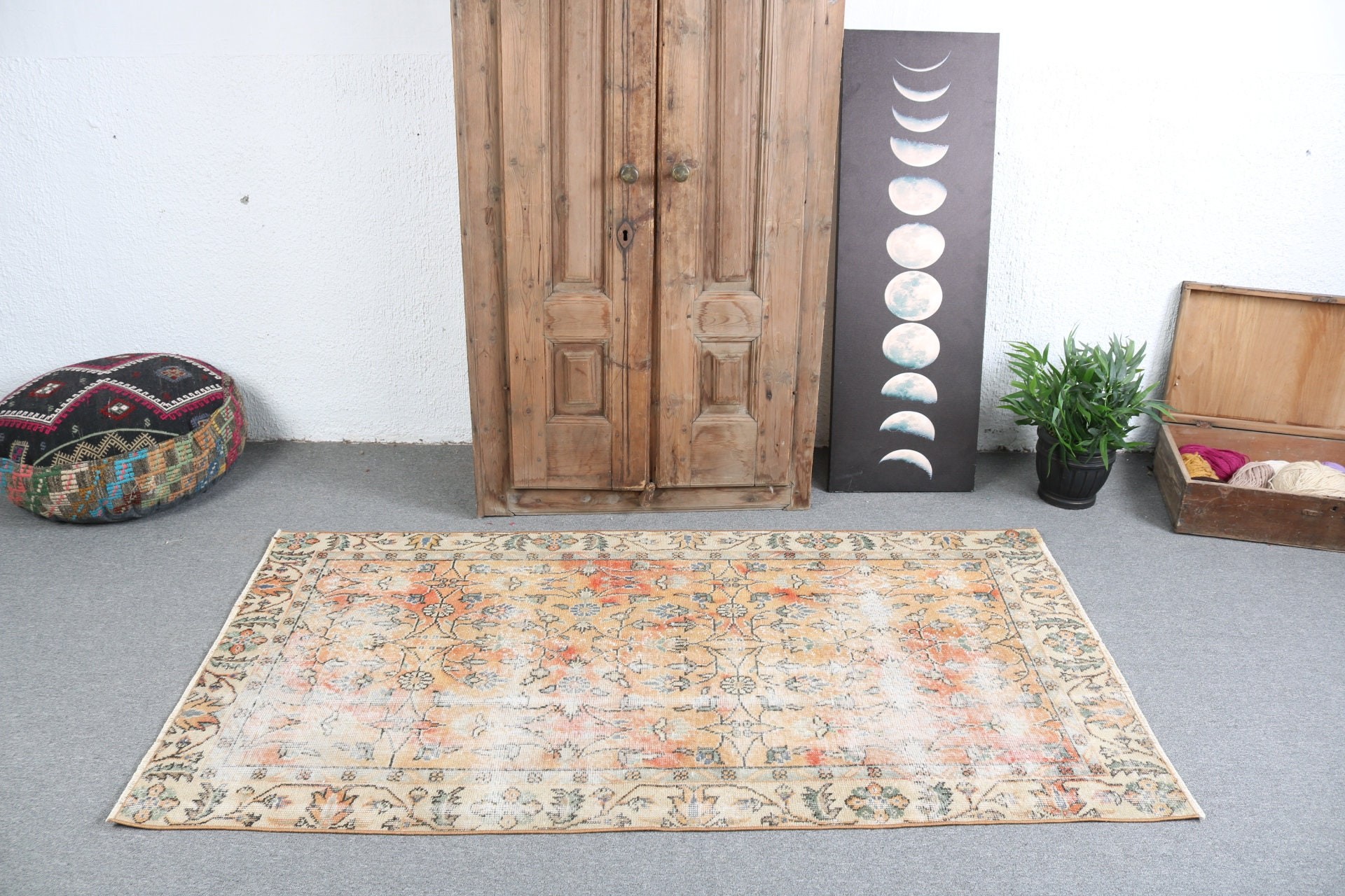 Yün Halılar, Turuncu Geometrik Halılar, 3,4x5,8 ft Vurgulu Halılar, Türk Halıları, Vintage Vurgulu Halı, Vintage Halı, Boho Vurgulu Halı, Anadolu Halısı