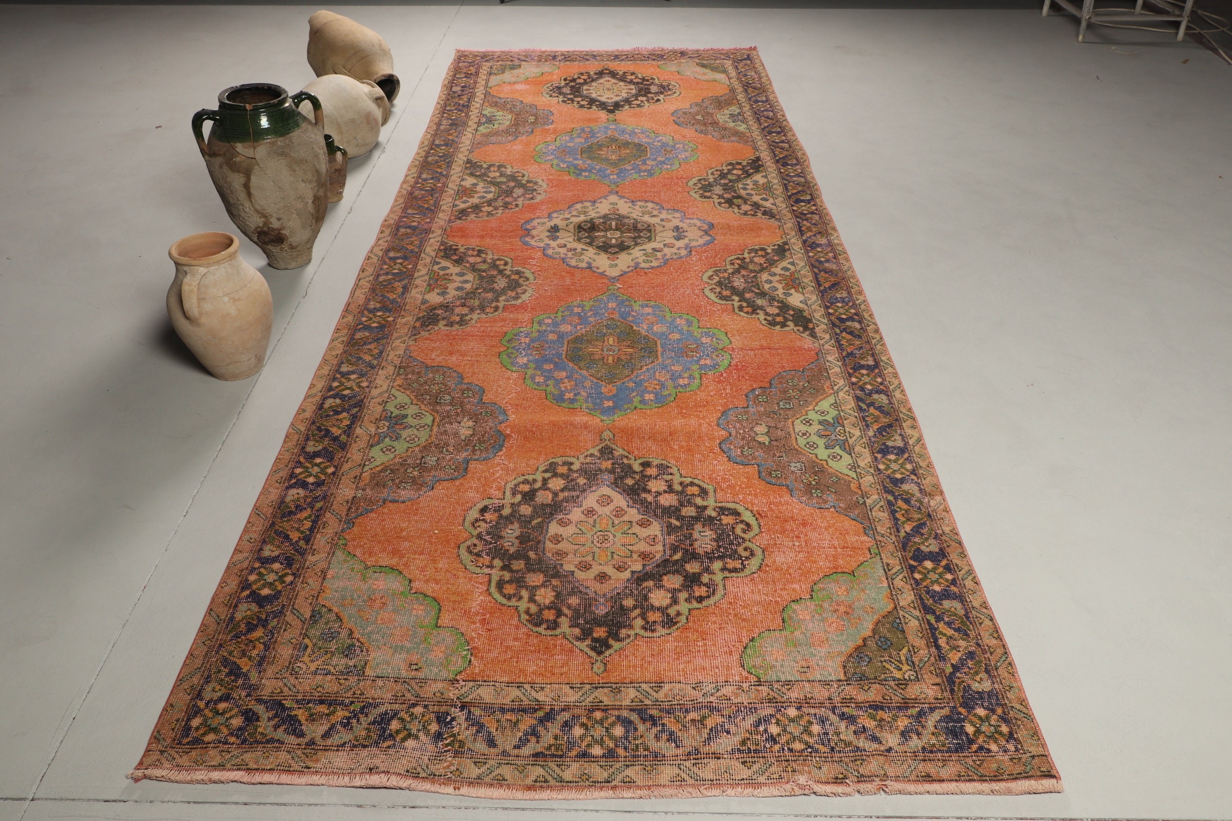 Koridor Halısı, Kabile Halısı, Mutfak Halısı, Türk Halıları, Turuncu Oushak Halıları, 4,6x12,1 ft Runner Halısı, Vintage Halı, Fas Halıları