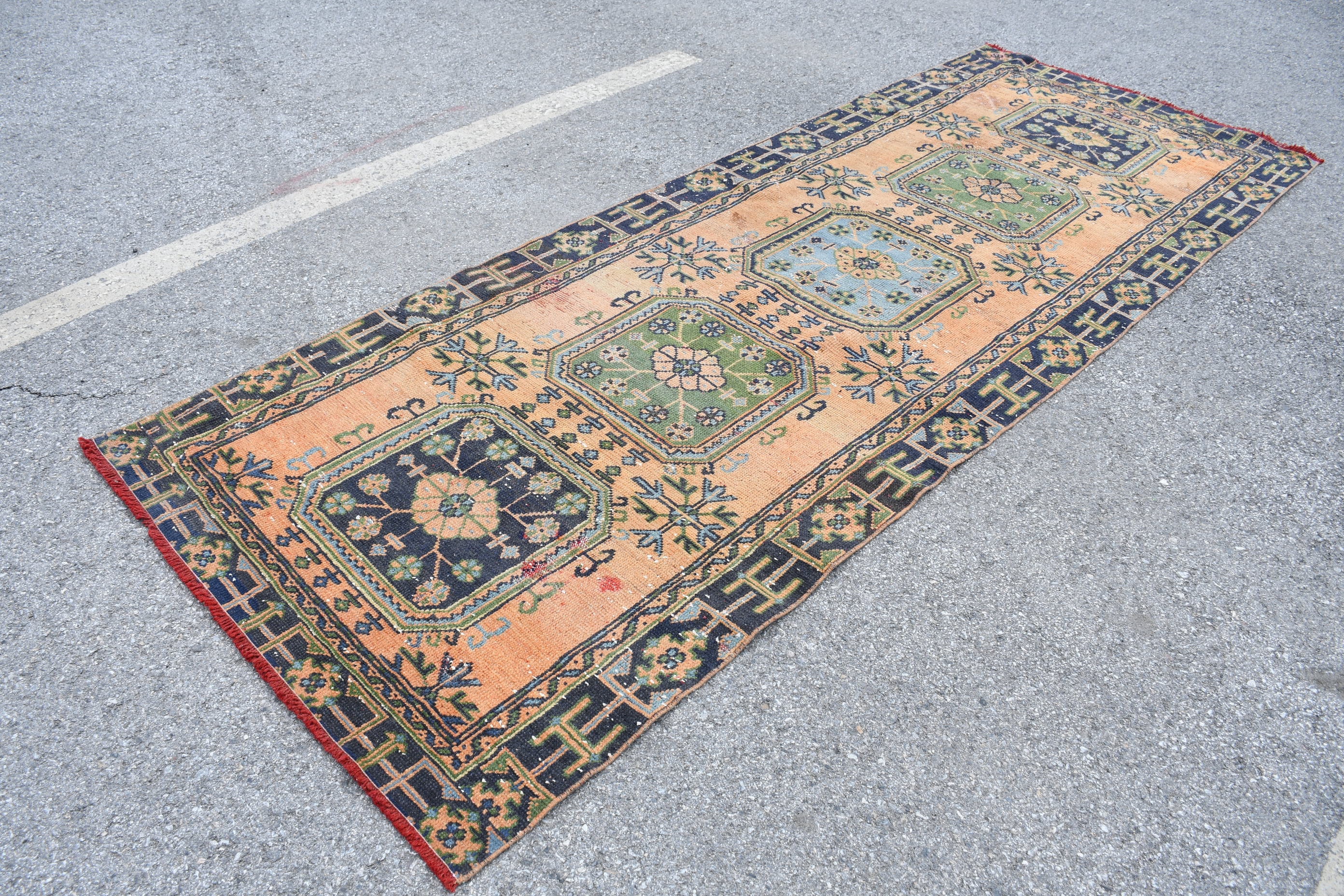 Orange Anatolian Rug, Antique Rug, Organic Rug, Turkish Rugs, Corridor Rug, Hallway Rug, 4x10.8 ft Runner Rugs, Oushak Rug, Vintage Rugs