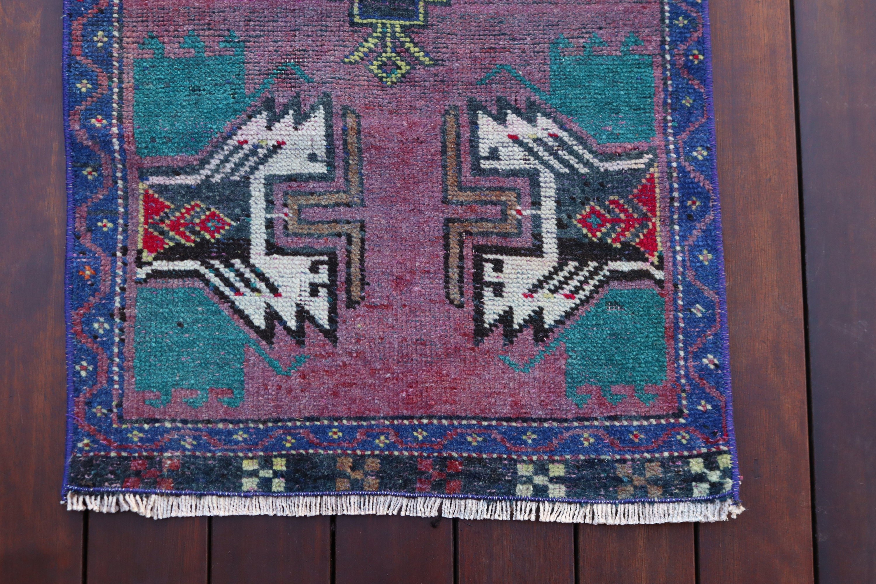 Modern Halı, Vintage Halı, Mor 1.7x3.5 ft Küçük Halı, Yün Halı, Banyo Halıları, Duvara Asma Halılar, Yatak Odası Halıları, Türk Halısı