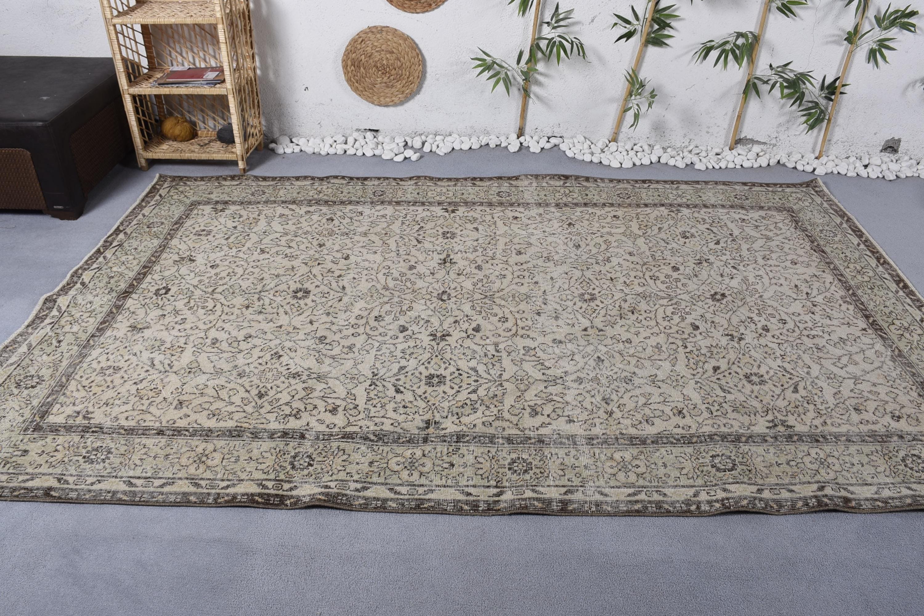 Bej Oushak Halılar, Antika Halı, Vintage Halı, Türk Halısı, Büyük Boho Halıları, 6x9.6 ft Büyük Halı, Nötr Halı, Modern Halılar, Büyük Vintage Halı