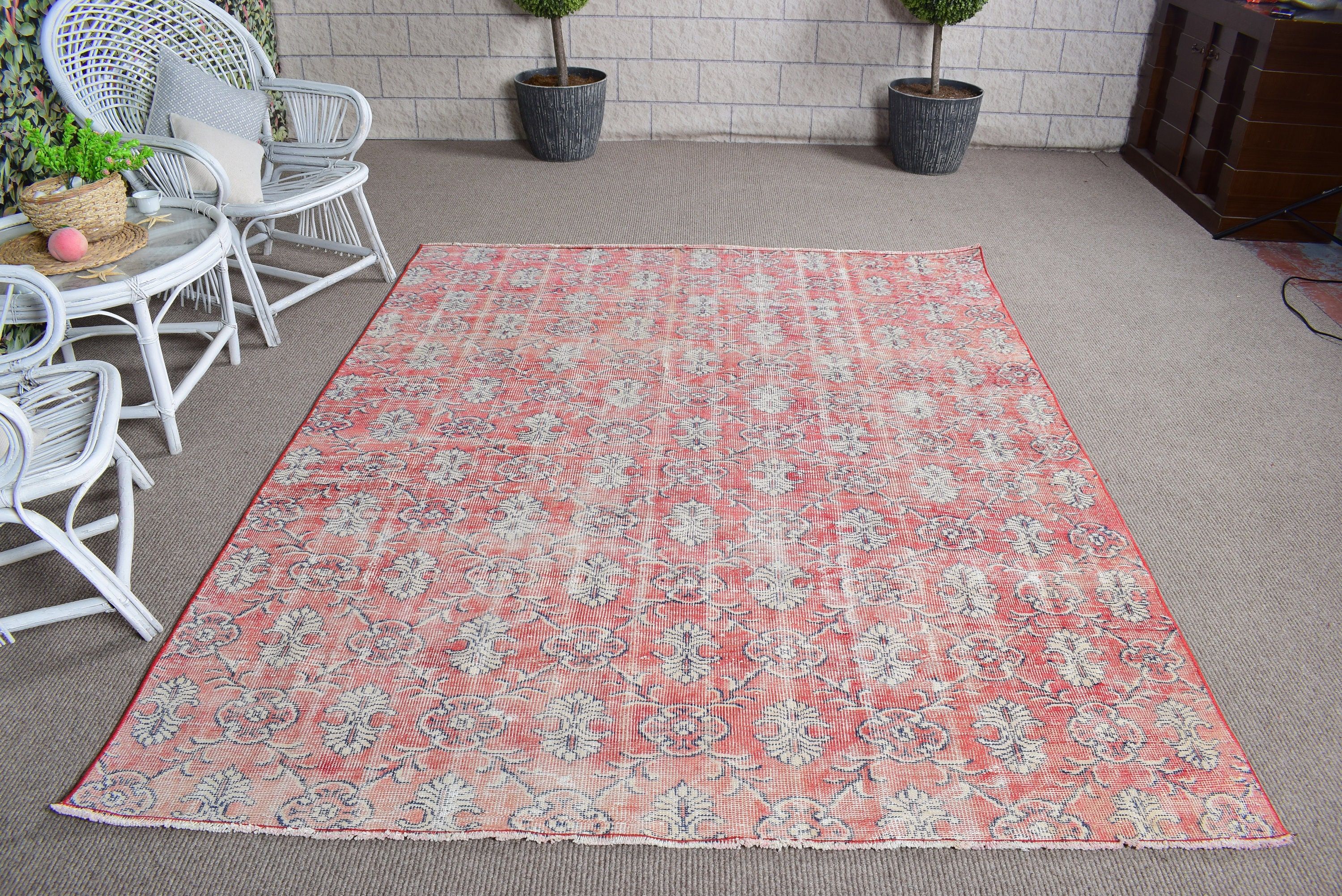 Kitchen Rug, Dining Room Rug, Vintage Rug, Office Rug, 6.2x7.9 ft Large Rug, Salon Rug, Red Luxury Rugs, Bedroom Rugs, Turkish Rug