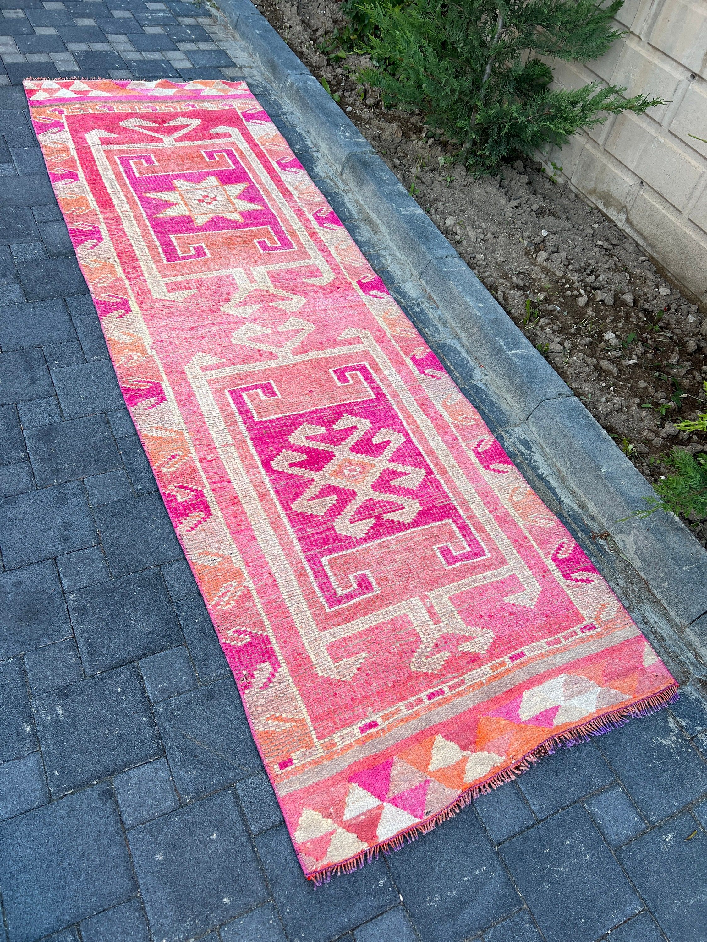 Hallway Rug, Turkish Rugs, Bedroom Rug, 3x10.3 ft Runner Rugs, Pink Antique Rugs, Vintage Rug, Corridor Rug, Retro Rugs