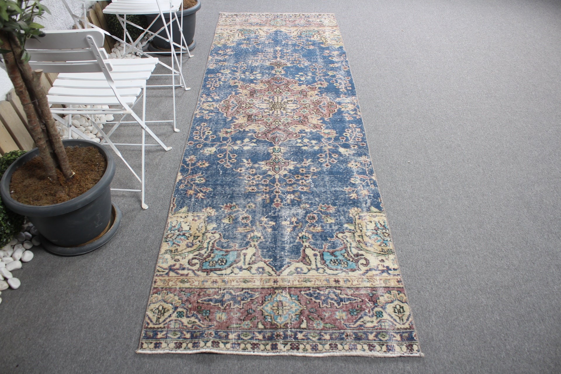 Blue Antique Rug, Vintage Rugs, Oushak Rug, Hallway Rugs, Oriental Rug, Stair Rug, Turkish Rug, Rugs for Corridor, 3x9.6 ft Runner Rugs