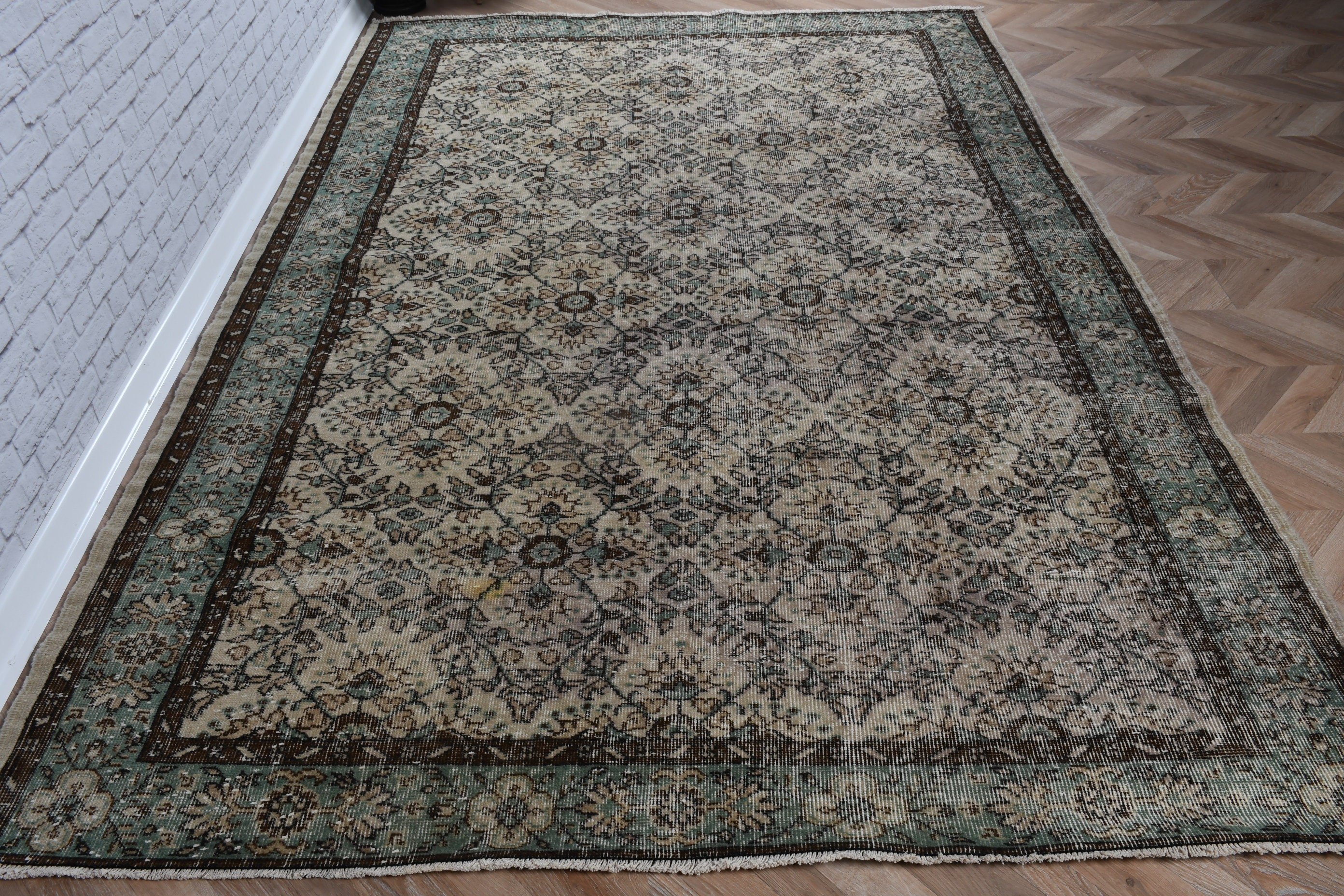 Yeşil Yün Halı, Vintage Halılar, Geometrik Halı, Türkiye Halısı, Türk Halıları, Fas Halısı, Yatak Odası Halıları, 6x9.4 ft Büyük Halı, Oturma Odası Halısı