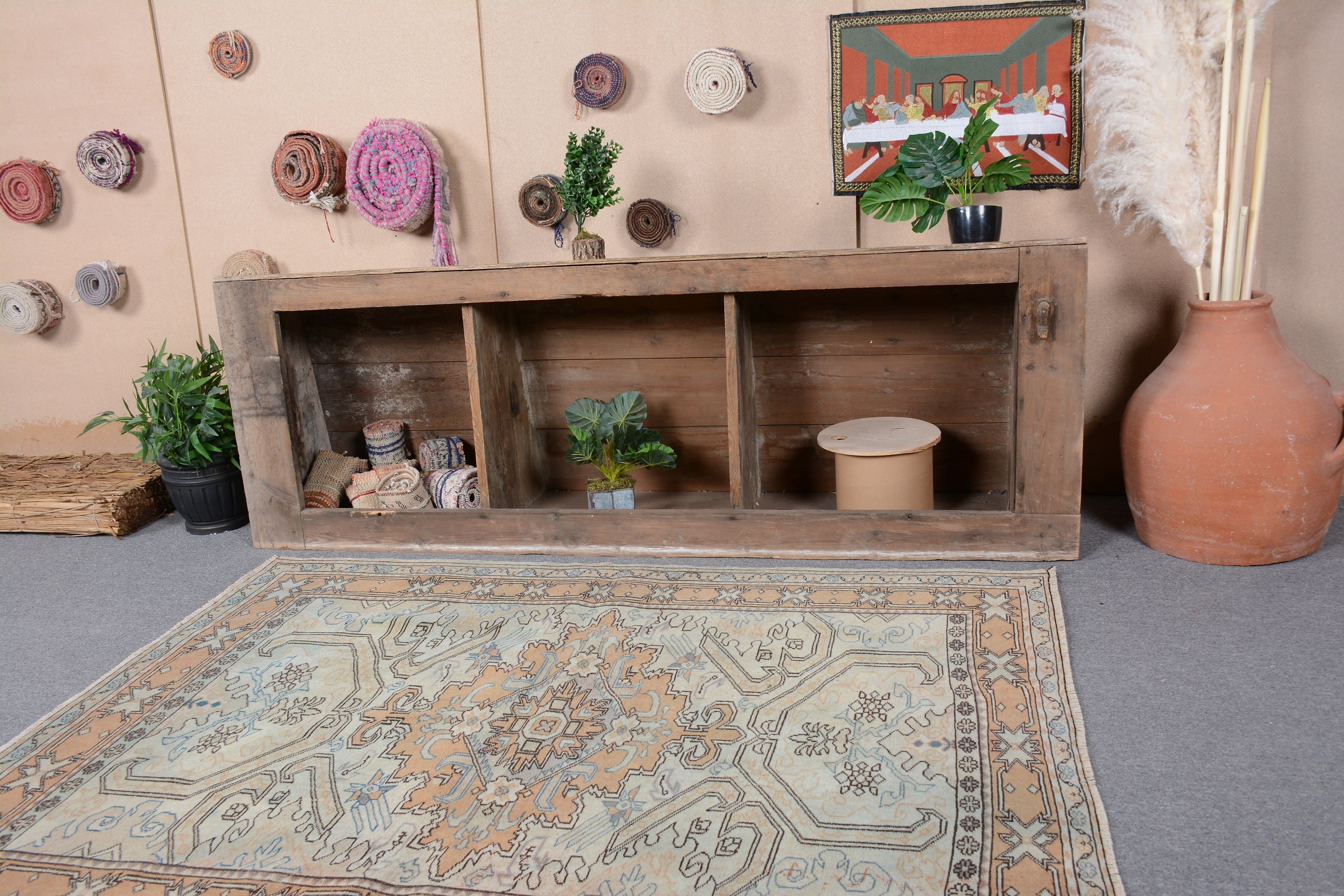 Oriental Rug, Vintage Rugs, Oushak Rug, Rugs for Bedroom, 4.2x5.6 ft Accent Rug, Bedroom Rug, Kitchen Rugs, Turkish Rug, Vintage Decor Rug