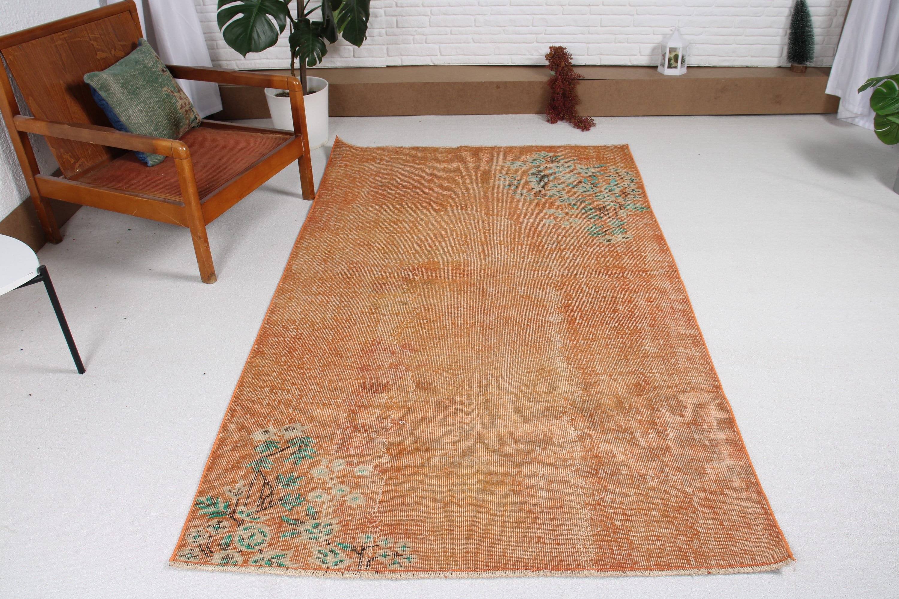 Bedroom Rug, Orange Wool Rug, Kitchen Rug, Floor Rug, Turkish Rug, Dining Room Rug, Oriental Rugs, 4.3x7.1 ft Area Rug, Vintage Rug