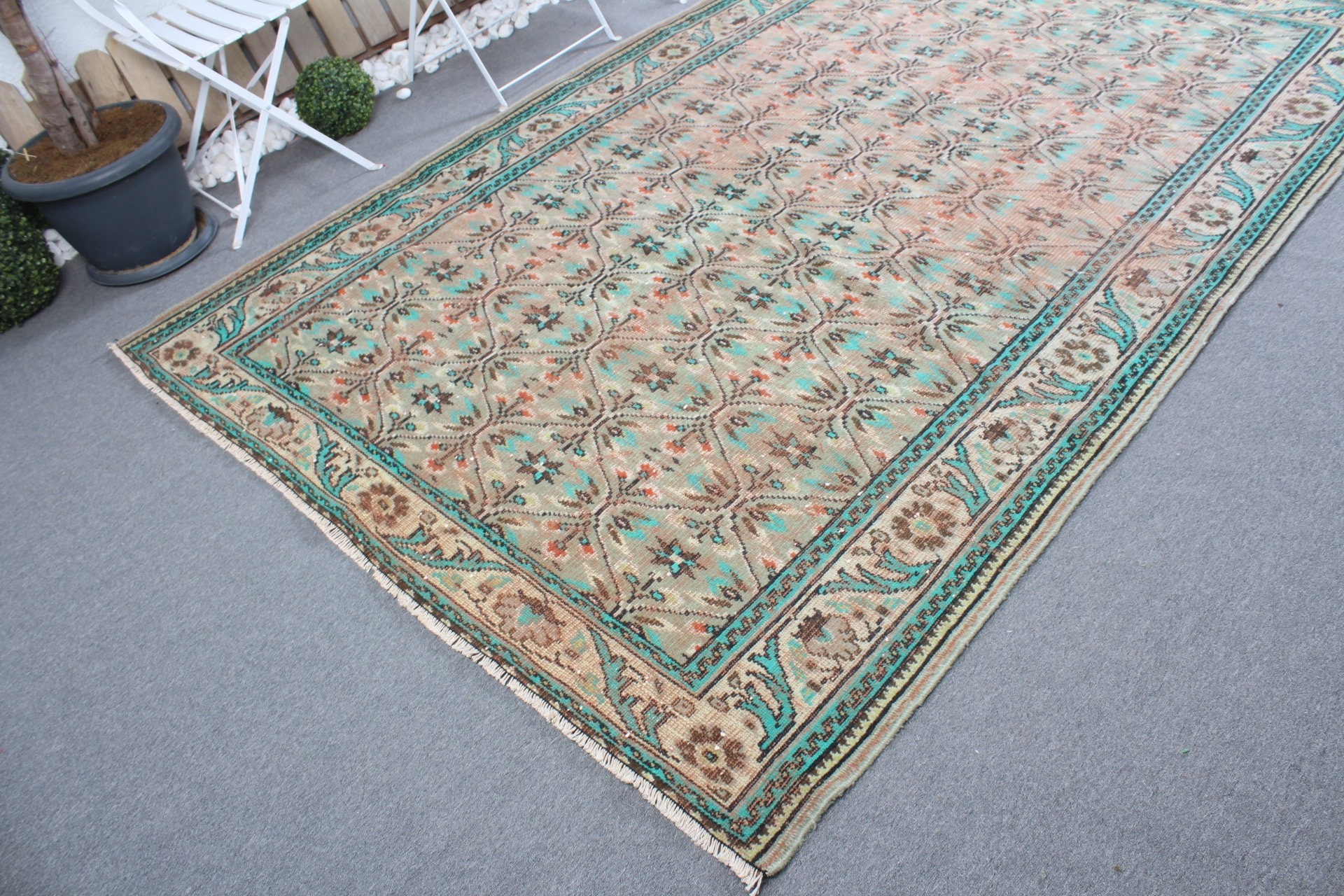 Yemek Odası Halıları, Türk Halıları, Oushak Halıları, Yeşil Oryantal Halı, Oturma Odası Halısı, 6.1x8.9 ft Büyük Halı, Vintage Halılar, Yatak Odası Halısı, Eski Halılar