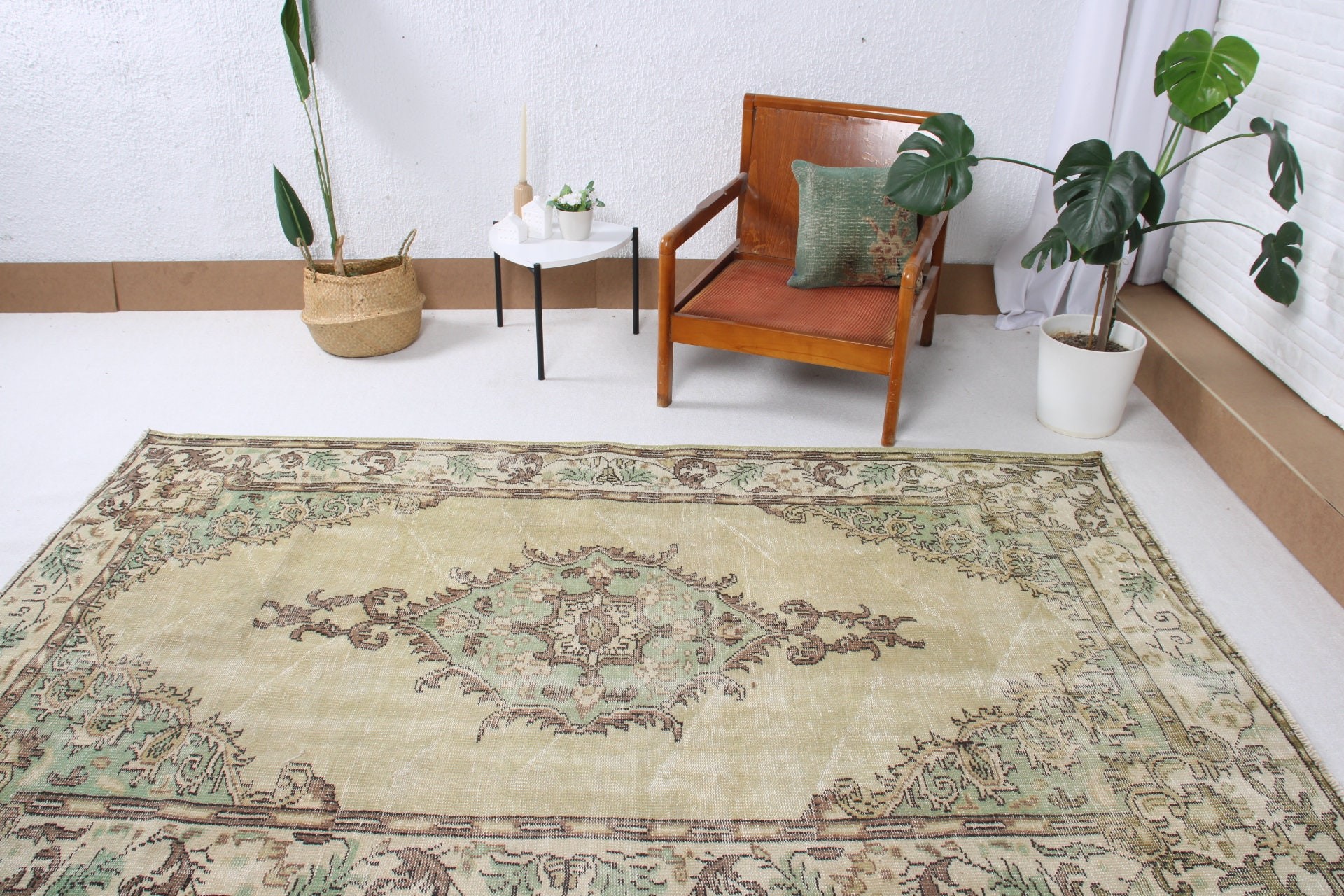 Büyük Boho Halı, Ev Dekor Halısı, 5.3x8.4 ft Büyük Halı, Türk Halısı, Dekoratif Halılar, Yeşil Antika Halı, Yatak Odası Halıları, Havalı Halılar, Vintage Halı