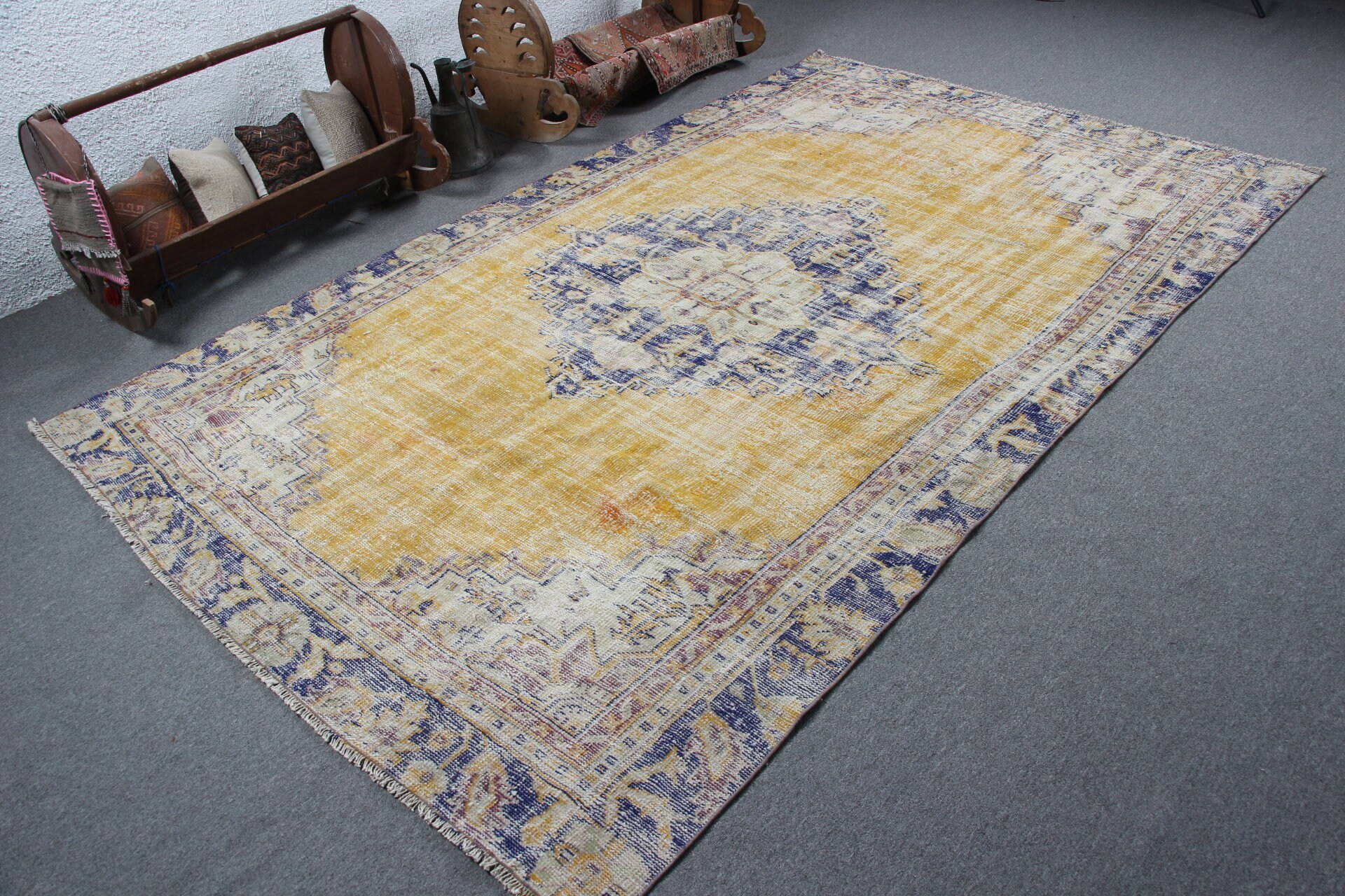 Turkish Rugs, Bedroom Rug, Handmade Rug, Vintage Rugs, Yellow Home Decor Rug, Floor Rug, Oriental Rug, 6x9.6 ft Large Rugs, Living Room Rug