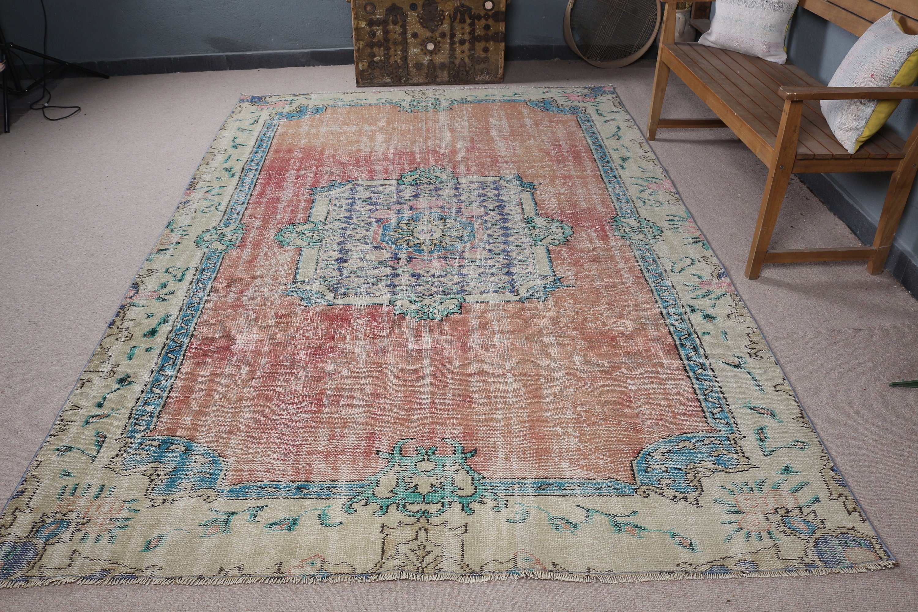 Vintage Rugs, Turkish Rug, Bright Rug, Bedroom Rugs, Orange Kitchen Rug, 6.5x9.9 ft Large Rugs, Oriental Rug, Floor Rugs, Living Room Rugs