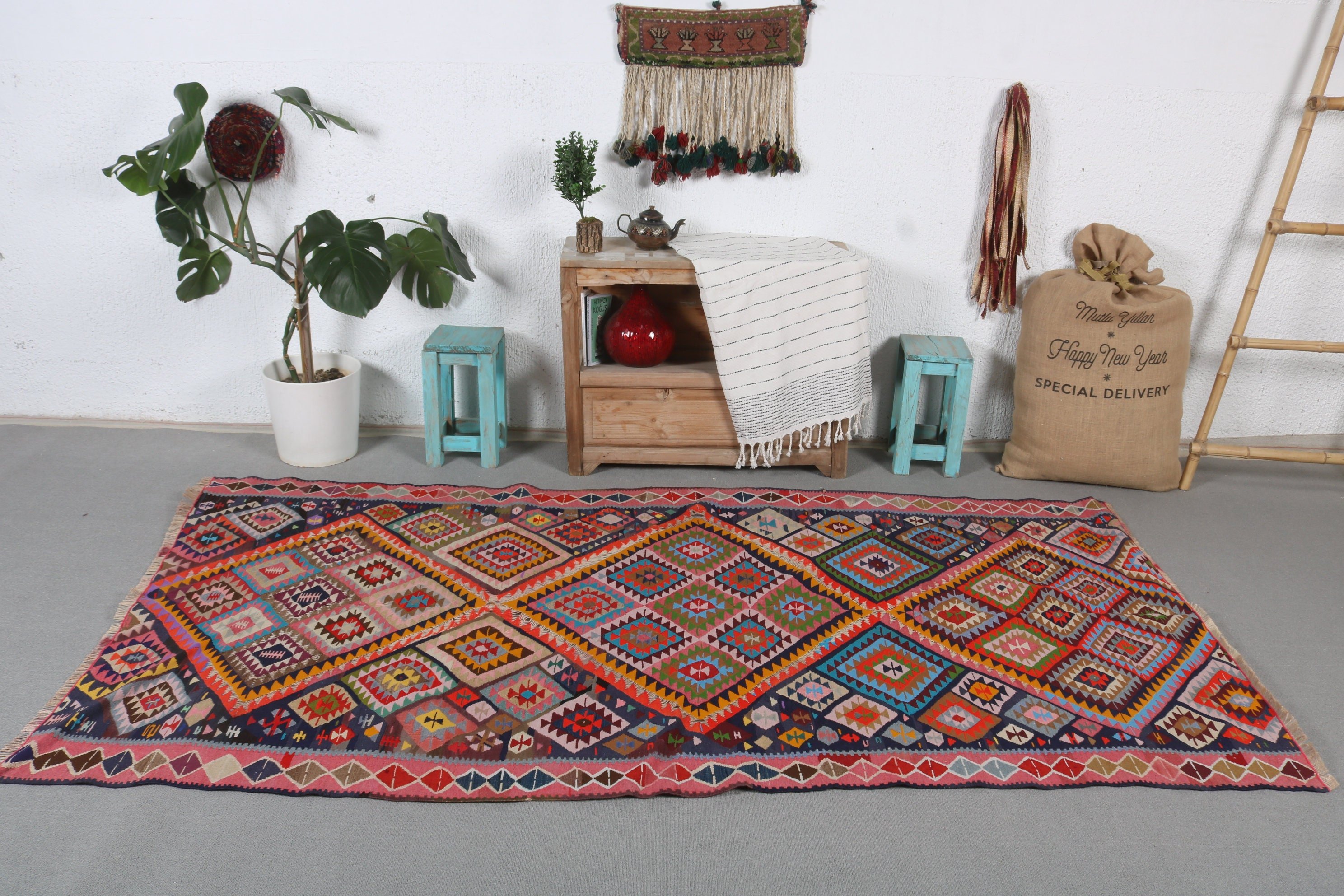 Yemek Odası Halısı, Mutfak Halısı, Kilim, 4.1x8.1 ft Alan Halıları, Türk Halıları, Vintage Halı, Pembe Antika Halı, Ev Dekor Halısı, Yatak Odası Halıları