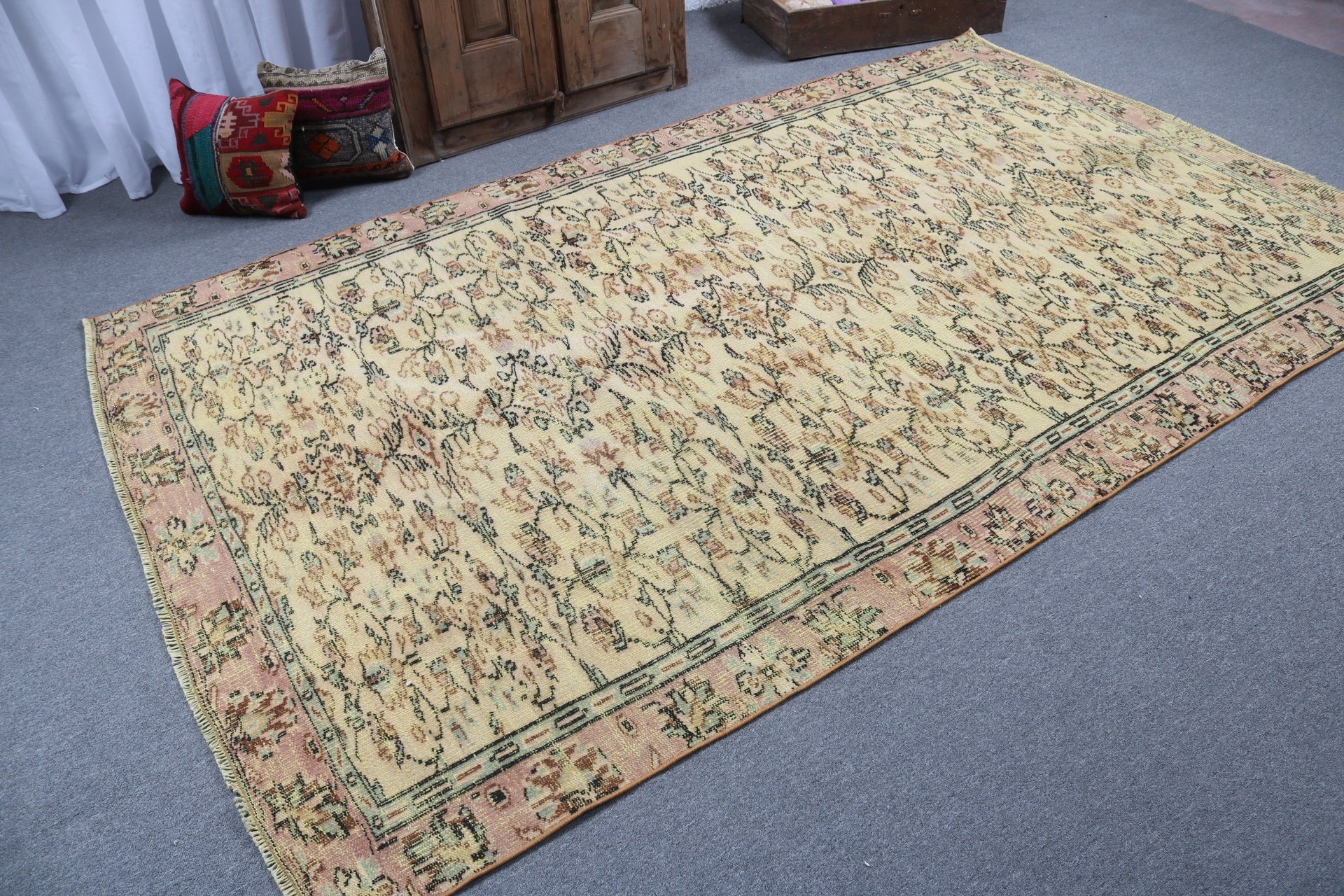 Büyük Vintage Halı, Egzotik Halı, Oturma Odası Halıları, 5.4x8.9 ft Büyük Halılar, Yün Halı, Sarı Boho Halı, Havalı Halılar, Türk Halısı, Vintage Halılar