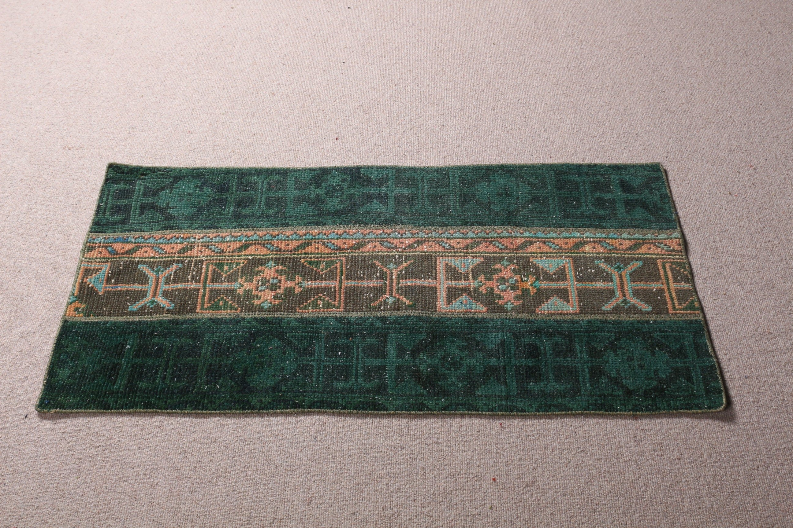 Floor Rug, Vintage Rug, Green  2x4.1 ft Small Rug, Rugs for Car Mat, Car Mat Rug, Bath Rug, Antique Rug, Turkish Rugs