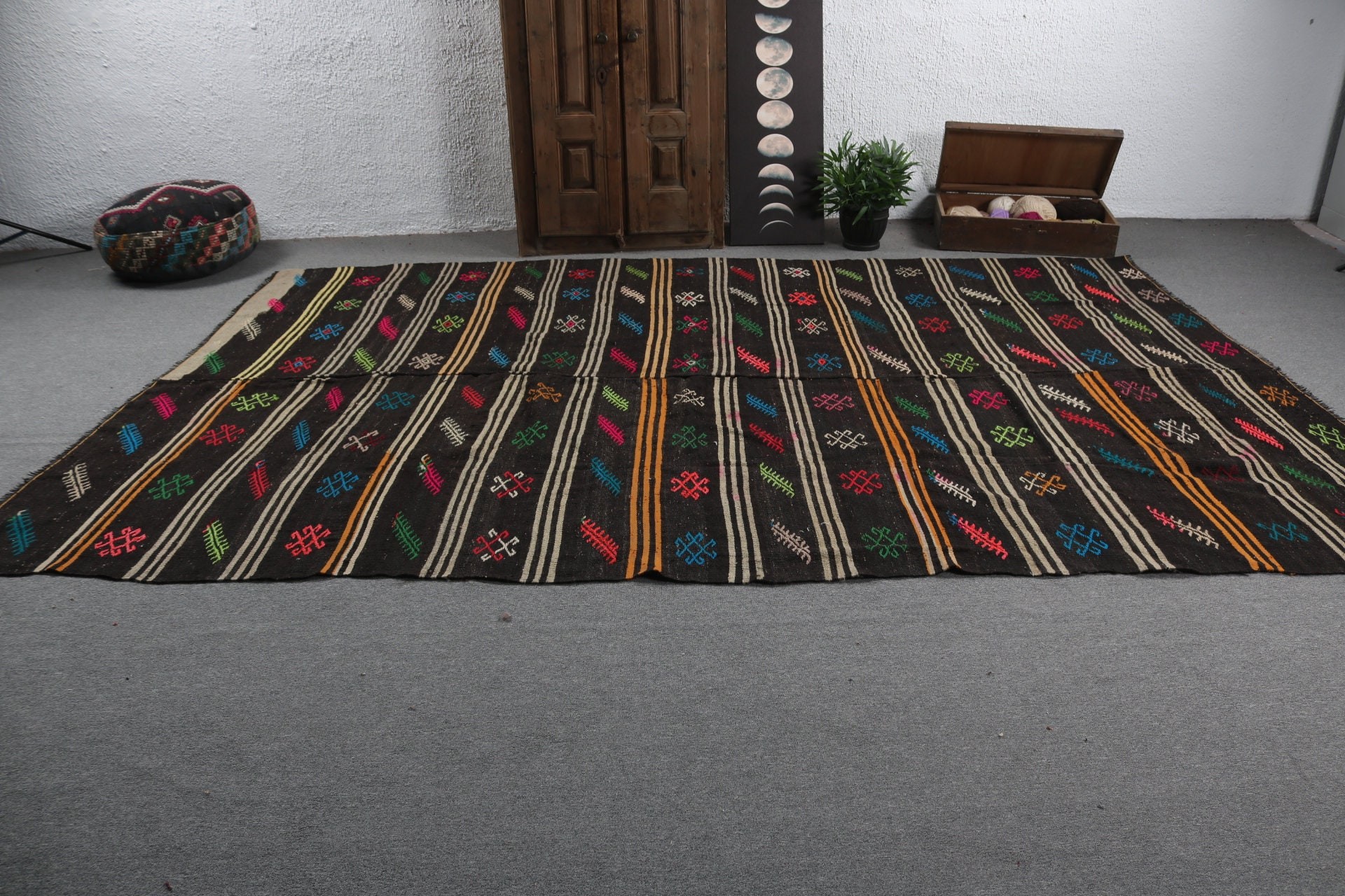 Turkish Rug, Wool Rug, Black Moroccan Rug, 7.4x11.8 ft Oversize Rugs, Kilim, Vintage Rugs, Living Room Rugs, Turkey Rugs