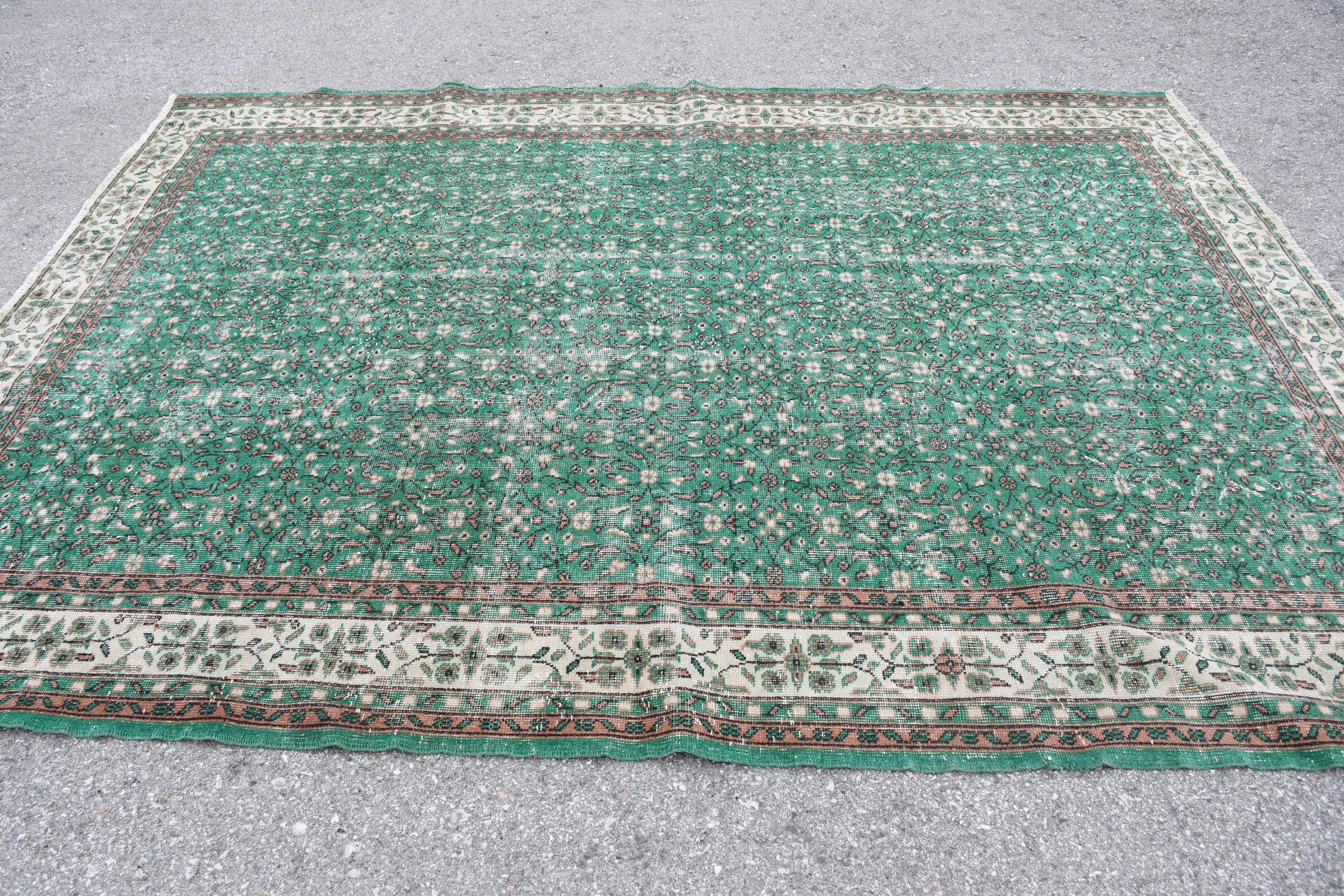 Vintage Halılar, Türk Halıları, Oturma Odası Halısı, Ev Dekor Halısı, 7.1x9.5 ft Büyük Halılar, Yeşil Yün Halı, Yemek Odası Halısı