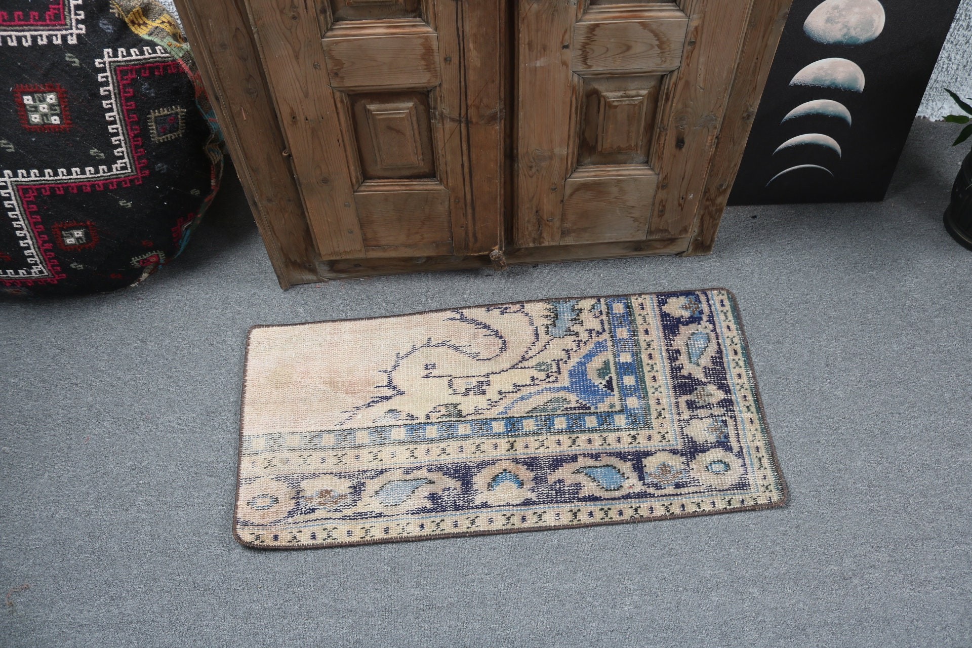 Banyo Halısı, Hindi Halısı, El Dokuma Halılar, Vintage Halı, Yatak Odası Halısı, Türk Halıları, Bej Yer Halıları, 1.4x3 ft Küçük Halılar