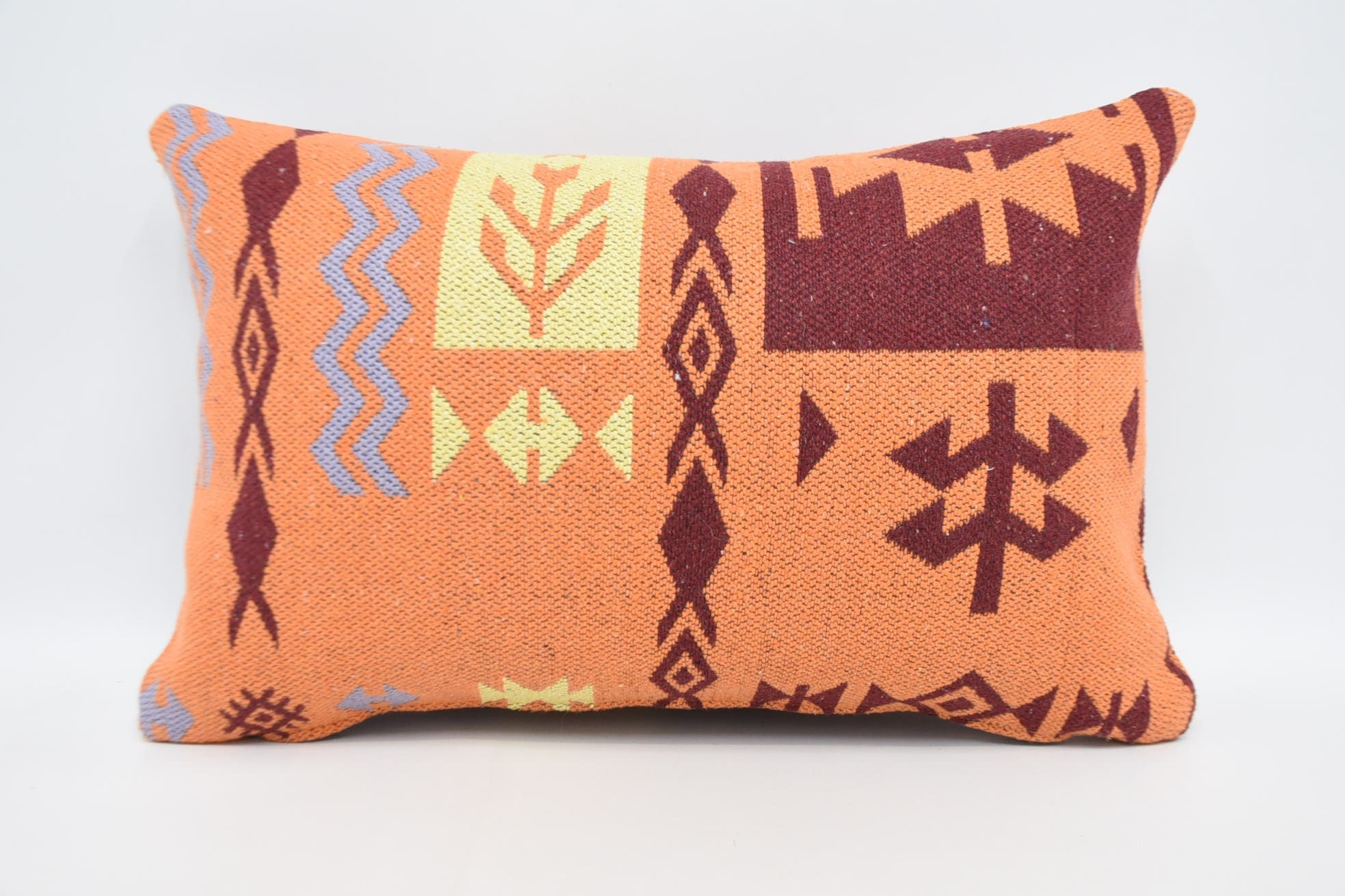 Colorful Pillow Case, Ethnical Kilim Rug Pillow, 16"x24" Orange Pillow Sham, Bench Pillow Cover, Vintage Kilim Pillow, Throw Kilim Pillow