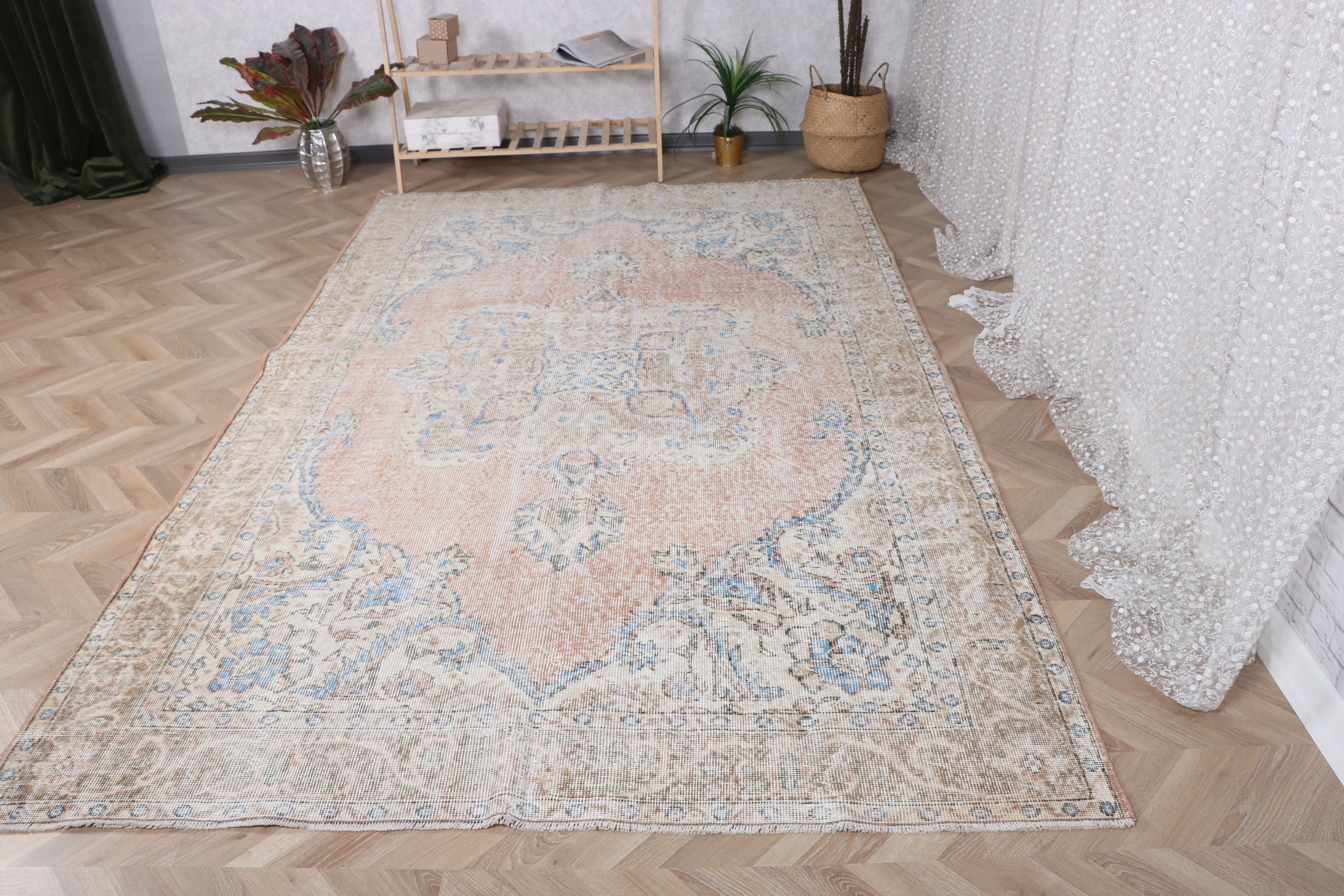 Yatak Odası Halısı, Vintage Halılar, 6x9.8 ft Büyük Halı, Yatak Odası Halıları, Türk Halısı, Oushak Halıları, Yer Halıları, Pembe Yer Halıları, Büyük Boho Halıları