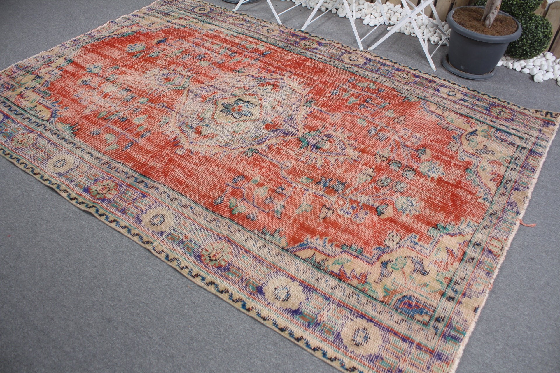 Turkish Rug, Living Room Rugs, Oushak Rug, Red Cool Rug, Antique Rug, 6.1x8.9 ft Large Rug, Vintage Rug, Dining Room Rug, Natural Rug