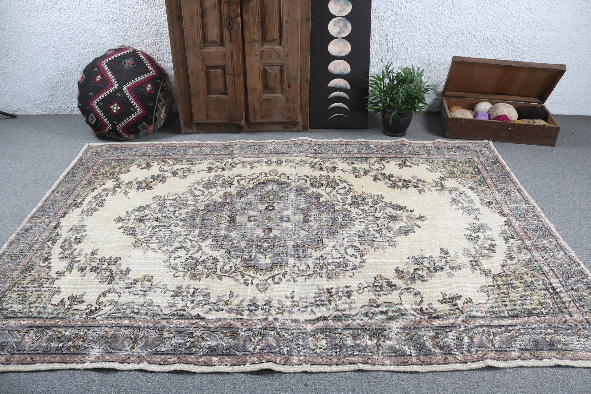 Gri El Dokuma Halılar, Vintage Halı, Yer Halısı, Oturma Odası Halıları, Türk Halıları, 6x8.7 ft Büyük Halı, Boho Halıları, Yemek Odası Halısı, El Dokuma Halıları