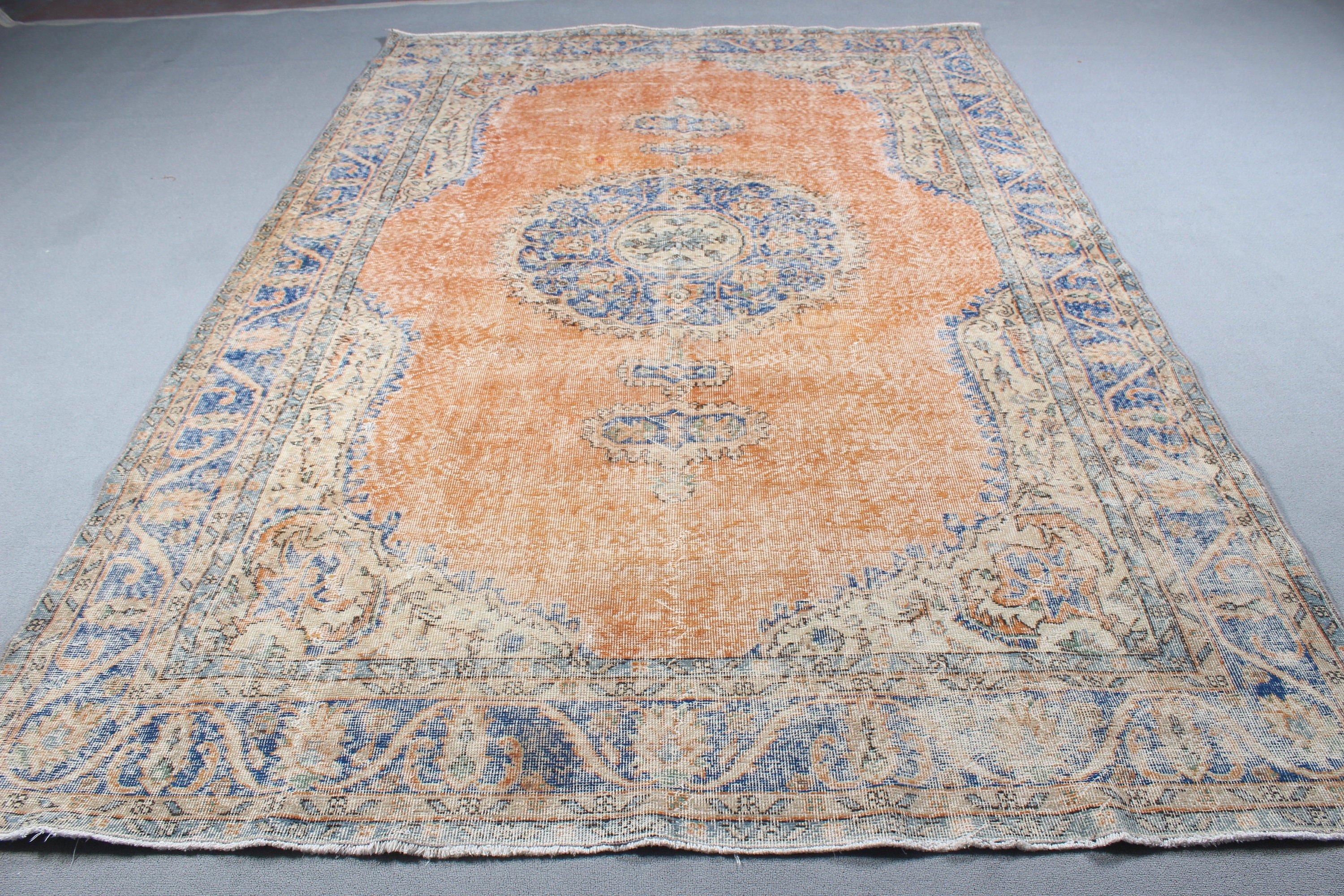 Vintage Rugs, Turkish Rugs, Geometric Rug, Oriental Rugs, Saloon Rugs, Orange Kitchen Rug, 7.2x10.6 ft Oversize Rugs, Oversize Turkish Rug