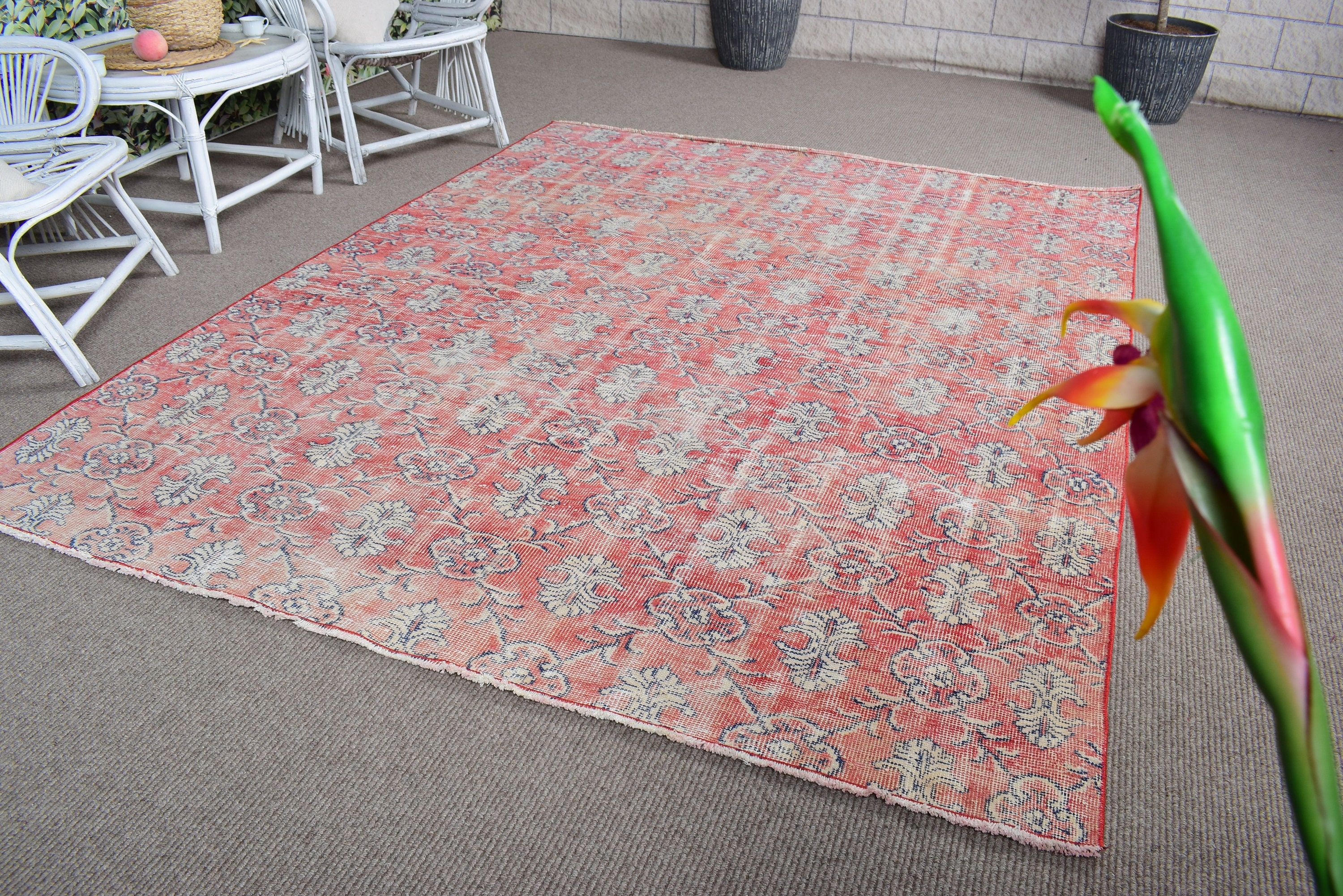 Kitchen Rug, Dining Room Rug, Vintage Rug, Office Rug, 6.2x7.9 ft Large Rug, Salon Rug, Red Luxury Rugs, Bedroom Rugs, Turkish Rug