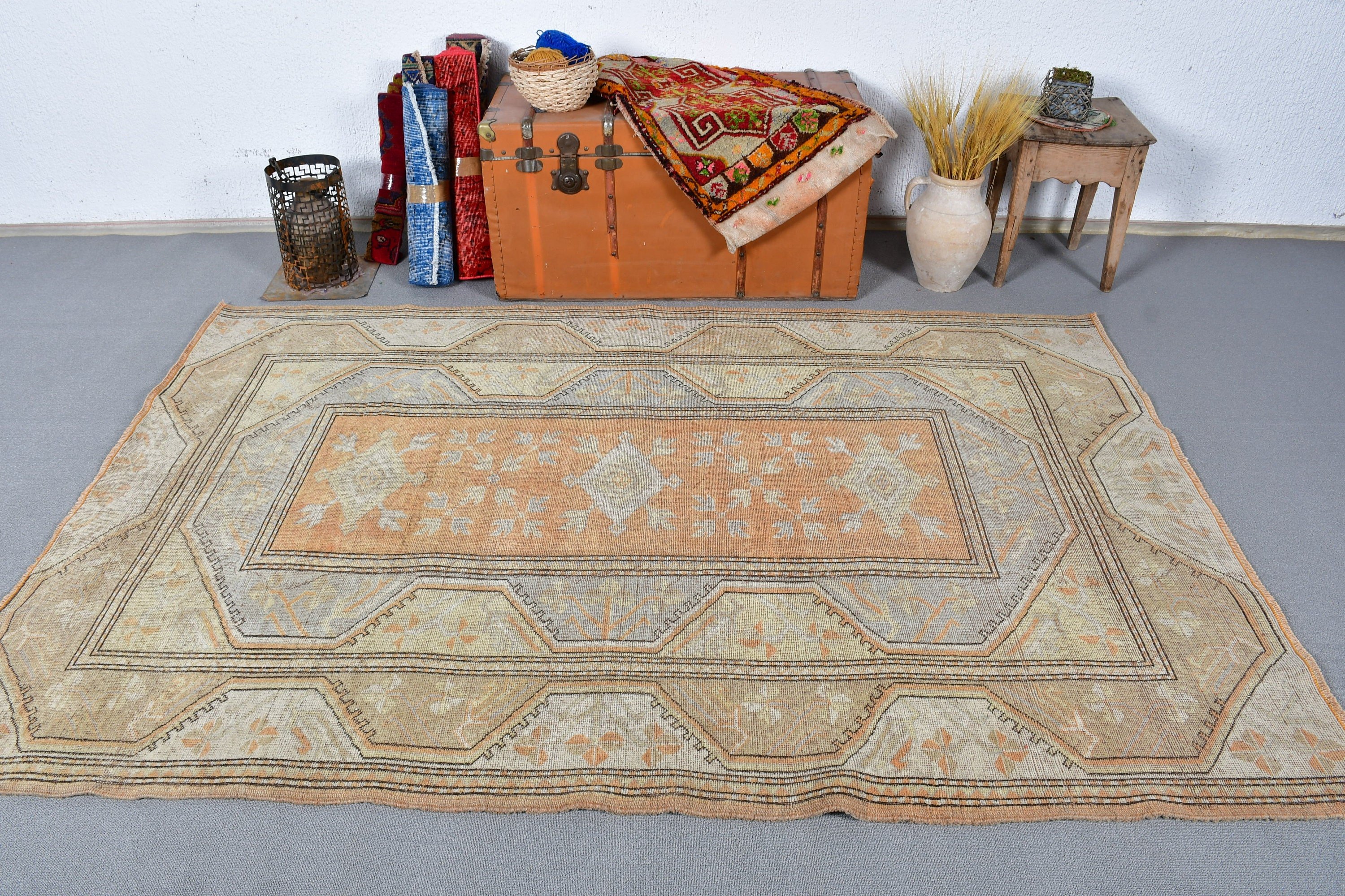 Living Room Rugs, Designer Rug, Turkish Rugs, Vintage Rug, Antique Rug, Moroccan Rug, Orange Floor Rug, 5.2x7.7 ft Large Rug, Bedroom Rugs