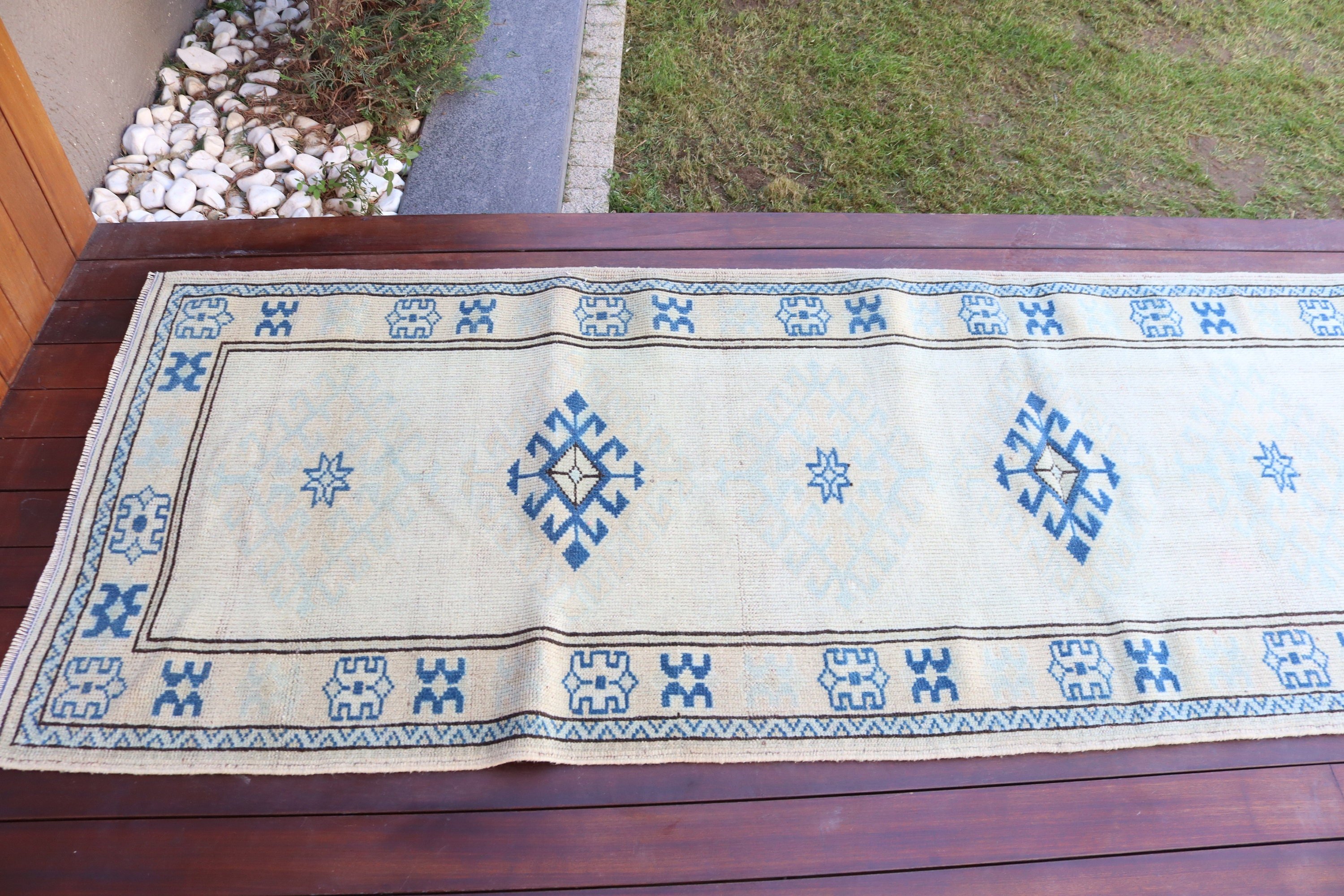 Merdiven Halıları, El Dokuma Halılar, Vintage Halı, Bej El Dokuma Halı, Koridor Halısı, 2.8x9.1 ft Yolluk Halısı, Türk Halıları, Oryantal Halı