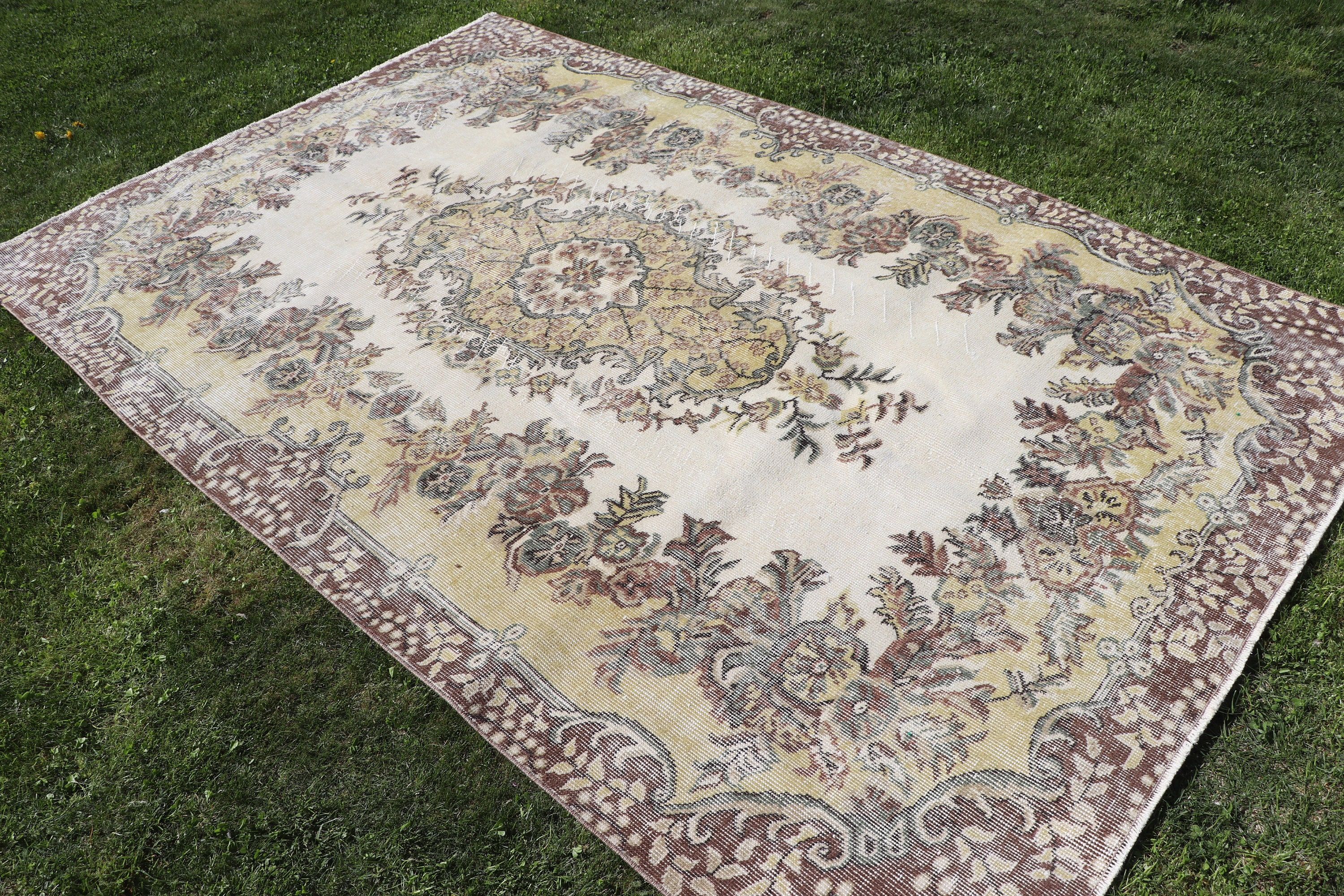 Oushak Halıları, 5.5x8.8 ft Büyük Halı, Vintage Halı, Türk Halıları, Egzotik Halılar, Salon Halısı, Bej Anadolu Halısı, Geometrik Halılar, Yemek Odası Halısı