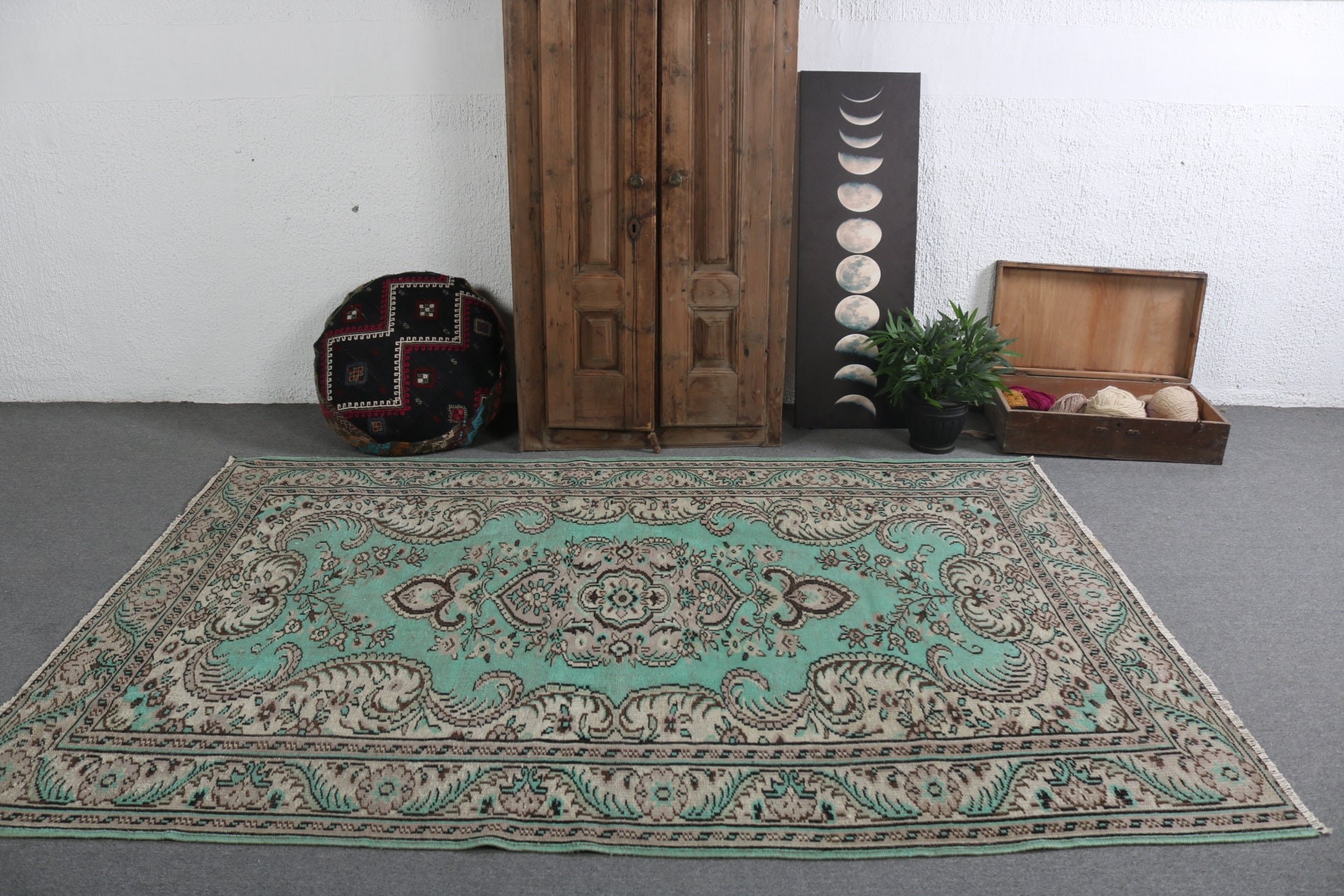 Yemek Odası Halıları, Oushak Halıları, 5.8x8.5 ft Büyük Halı, Vintage Halı, Büyük Oushak Halıları, Yeşil Nötr Halılar, Türk Halıları, Antika Halılar