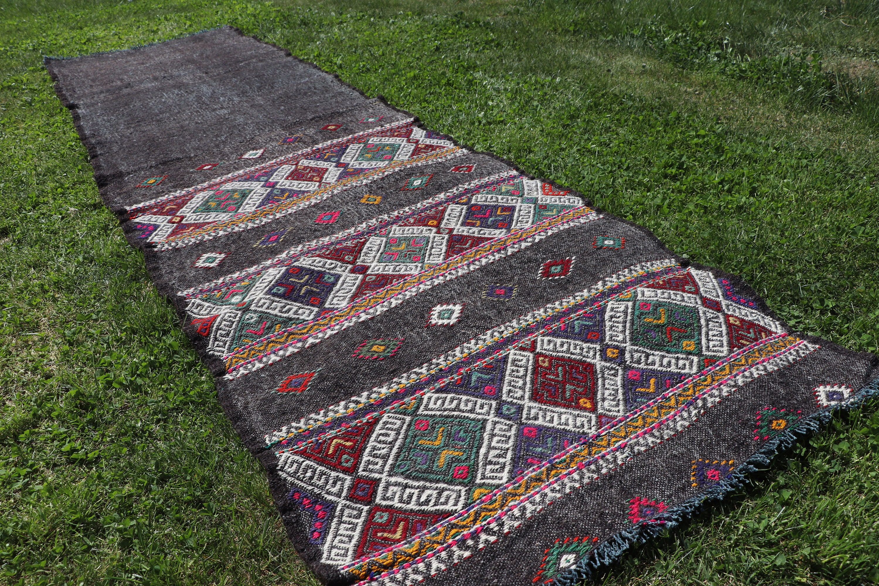 Yün Halı, Merdiven Halıları, Türk Halıları, 2.4x9.4 ft Runner Halısı, Vintage Runner Halısı, Siyah Oushak Halıları, Vintage Halı, Kilim, Mutfak Halıları