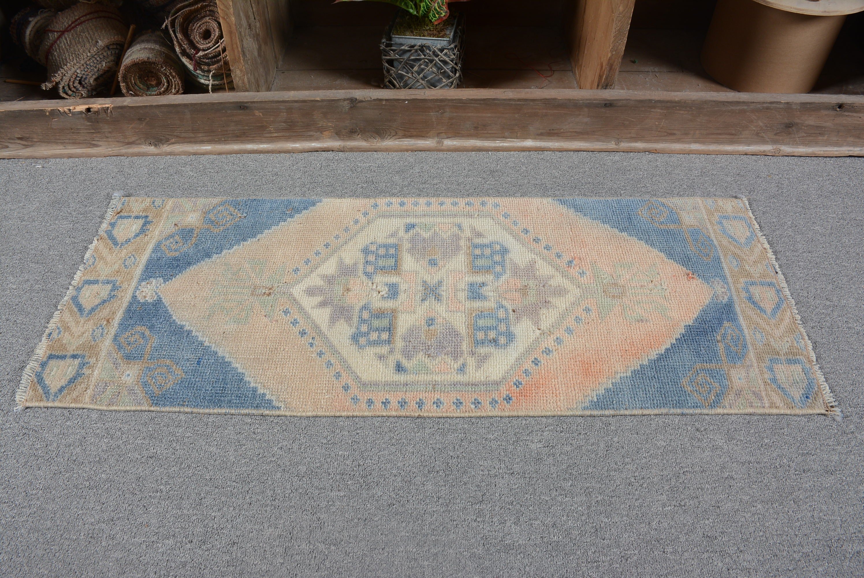 1.2x3.1 ft Small Rug, Car Mat Rug, Turkish Rugs, Rugs for Bath, Anatolian Rug, Vintage Rug, Entry Rug, Blue Antique Rugs, Kitchen Rug