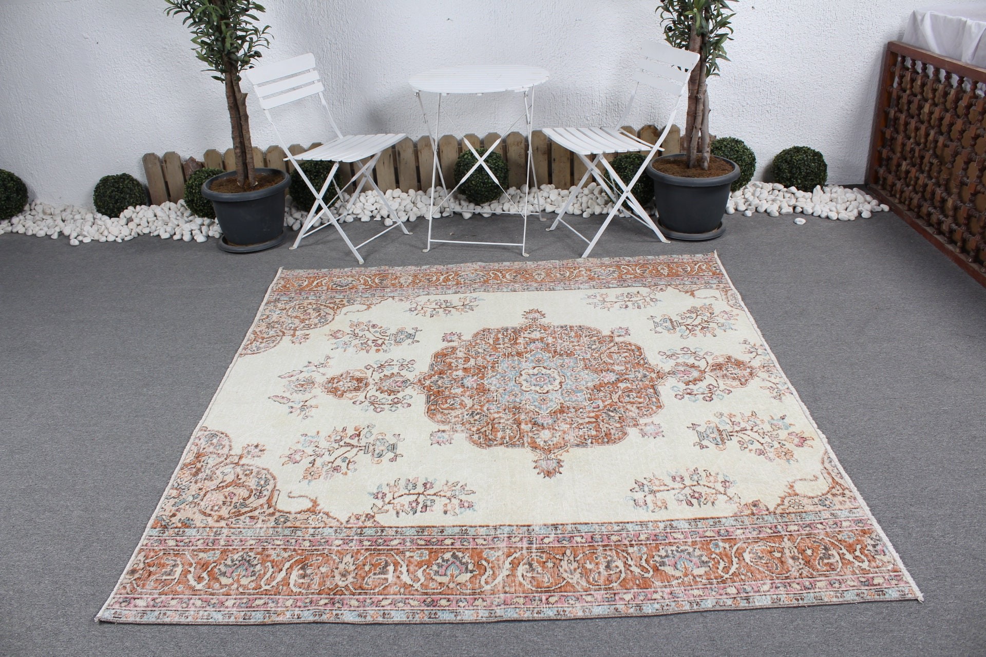 Vintage Rug, Rugs for Kitchen, Beige Kitchen Rugs, Wool Rug, Dining Room Rug, Kitchen Rug, 6.3x6 ft Area Rug, Nursery Rugs, Turkish Rugs