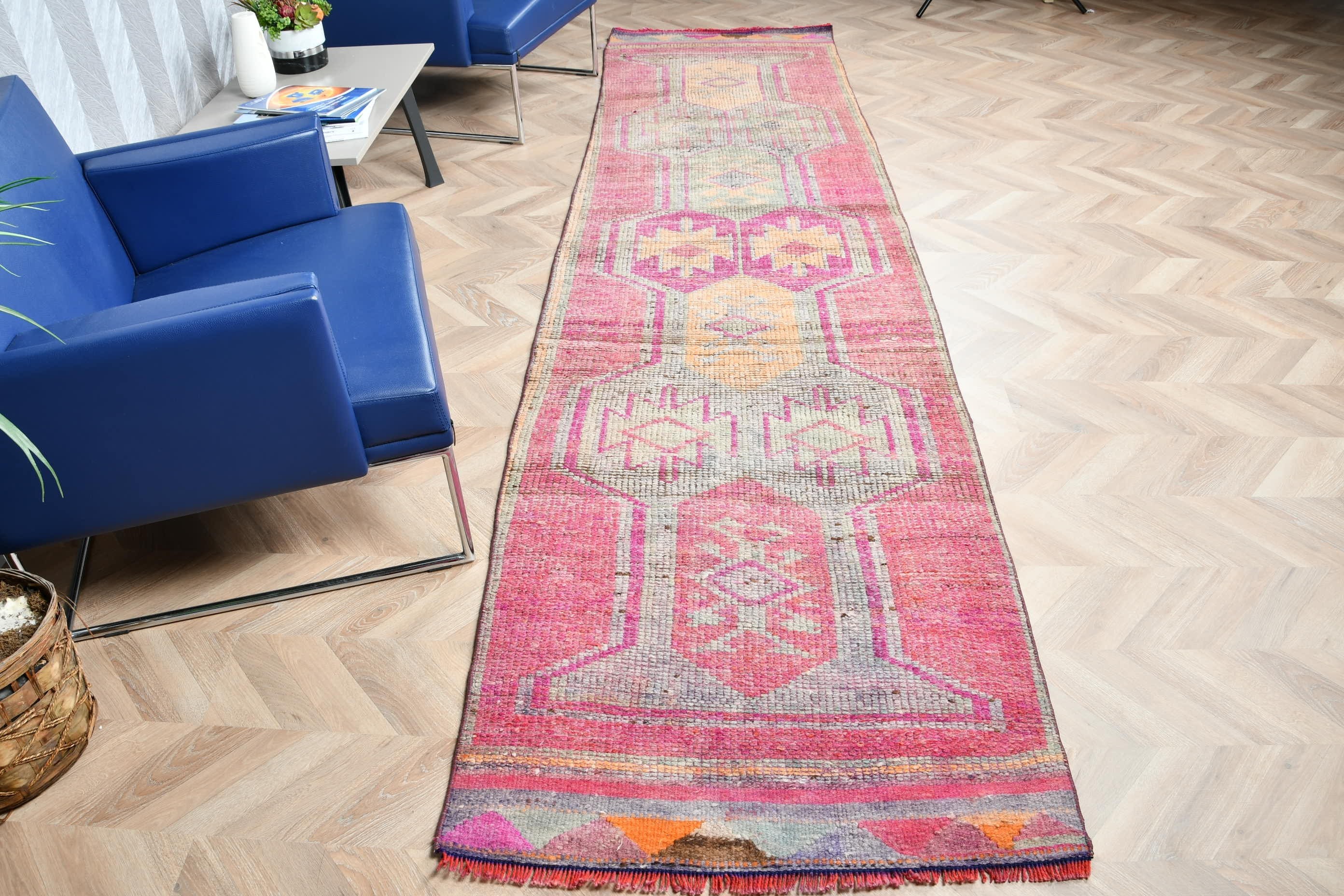 Vintage Rug, Bohemian Rugs, Turkish Rugs, Hallway Rug, Pink Floor Rug, 2.9x11.7 ft Runner Rugs, Rugs for Hallway, Wool Rug, Antique Rug