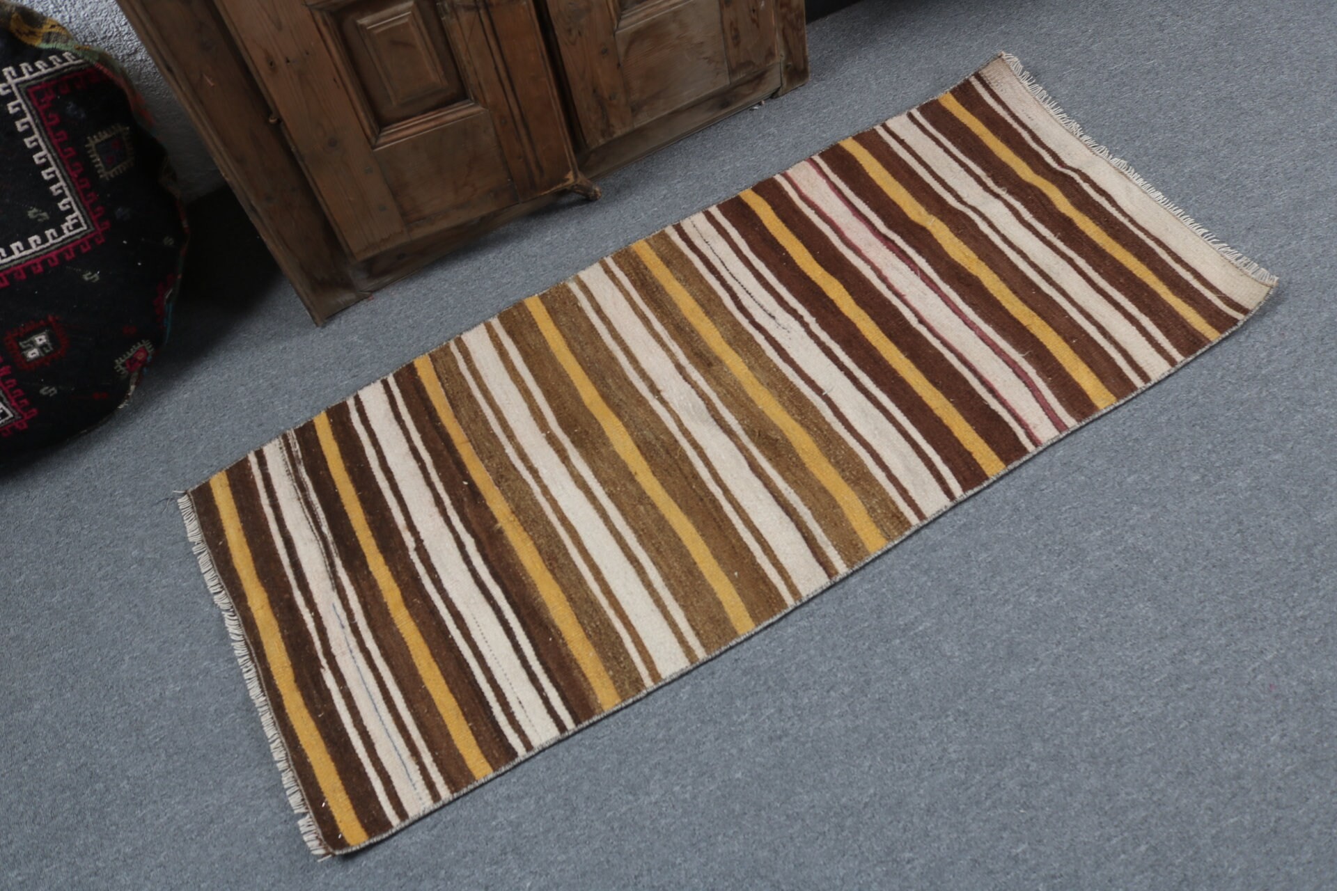 2x4.5 ft Küçük Halı, Kilim, Nötr Halı, Banyo Halısı, Kahverengi Modern Halılar, Küçük Vintage Halı, Vintage Halı, Türk Halıları, Geometrik Halılar