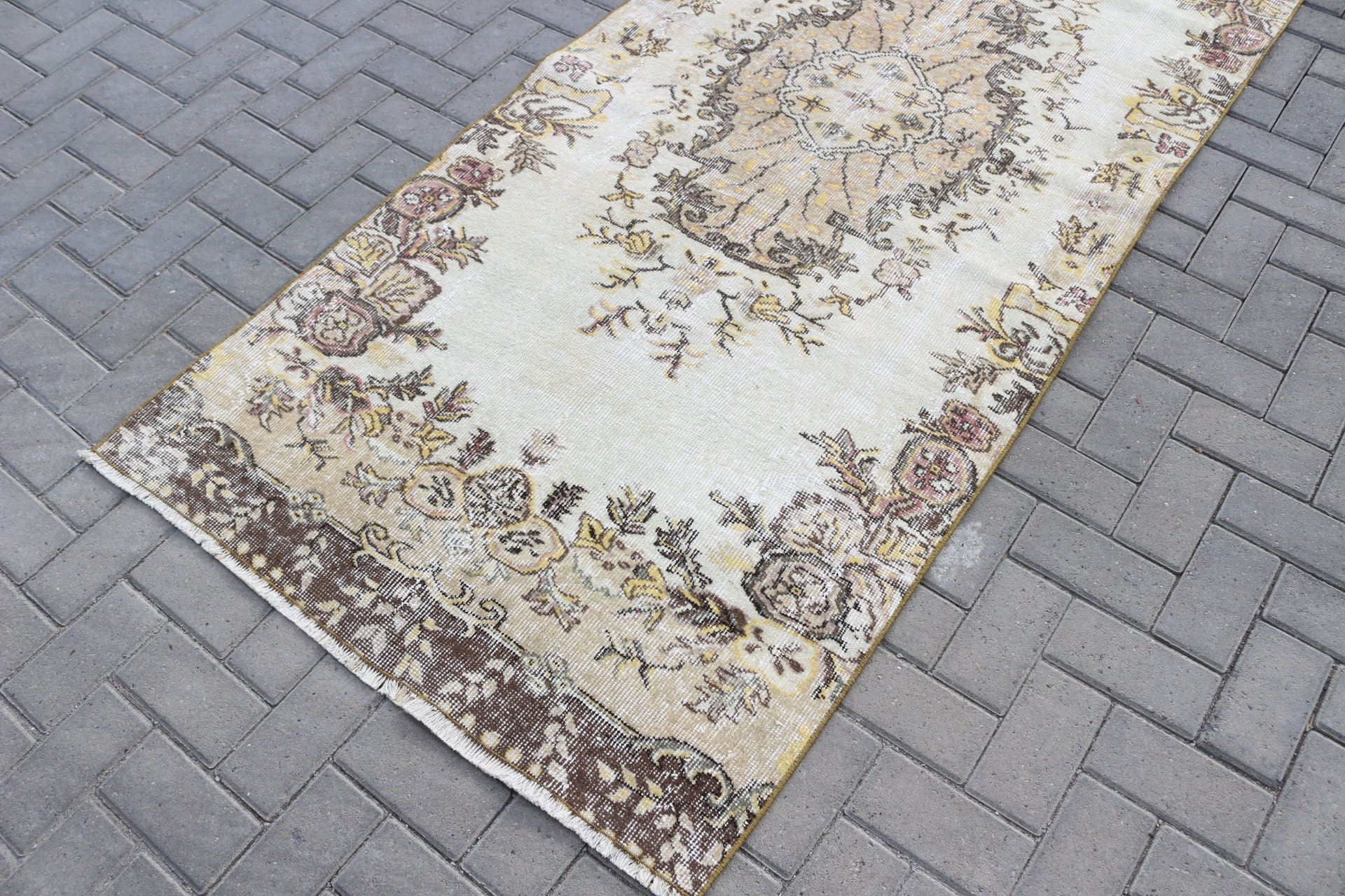 Vintage Rug, Antique Rug, Boho Rug, Beige Wool Rug, 3.4x8.1 ft Area Rug, Turkish Rugs, Floor Rug, Rugs for Area, Kitchen Rug