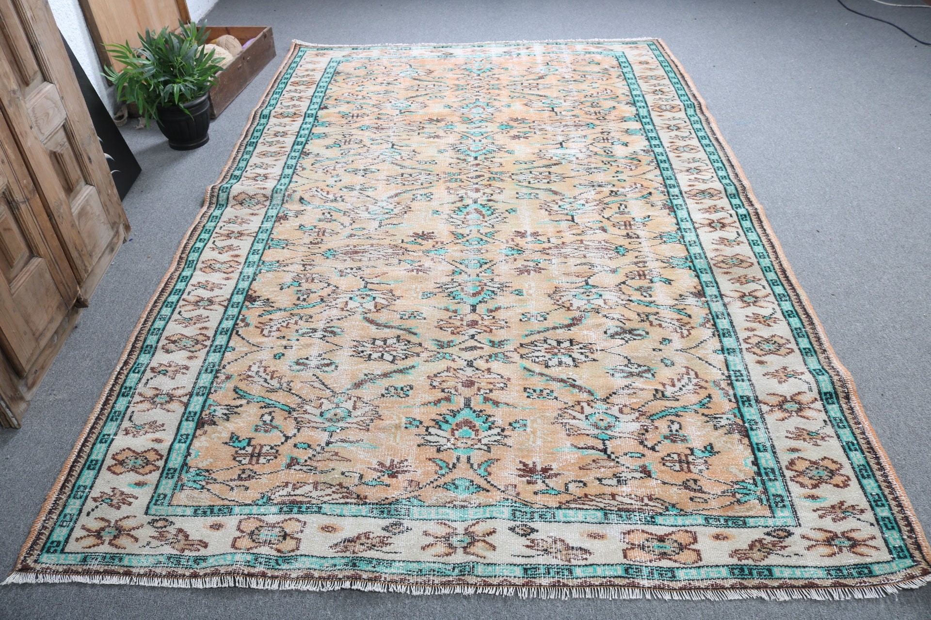 Turuncu Açıklama Halıları, Oushak Halıları, Türk Halısı, Oturma Odası Halıları, Yün Halıları, Vintage Halılar, Bohem Halıları, Yatak Odası Halısı, 6x9,5 ft Büyük Halılar