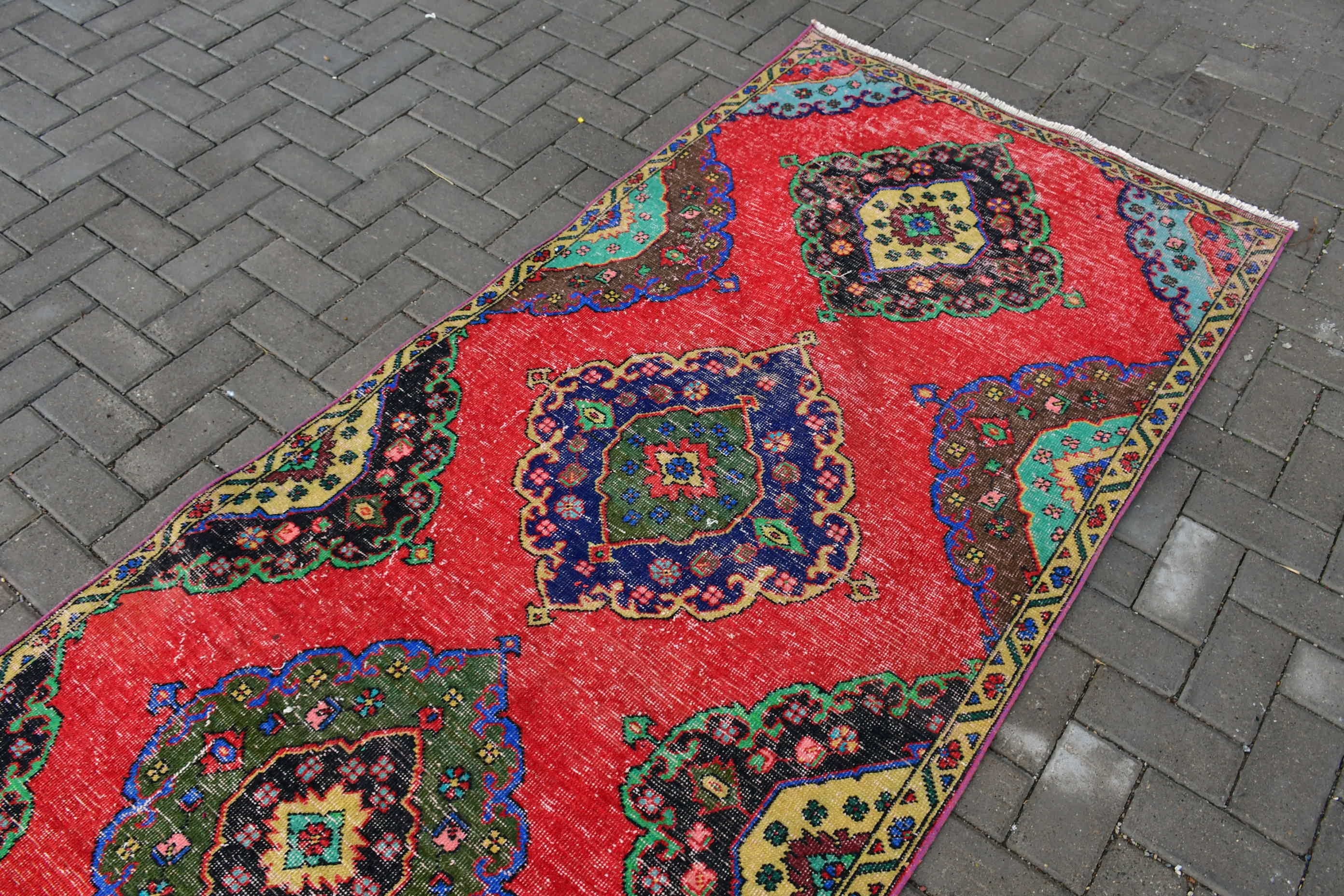 Moroccan Rug, 3.5x11.9 ft Runner Rugs, Stair Rug, Turkish Rug, Bohemian Rug, Rugs for Kitchen, Oushak Rug, Vintage Rug, Red Floor Rugs