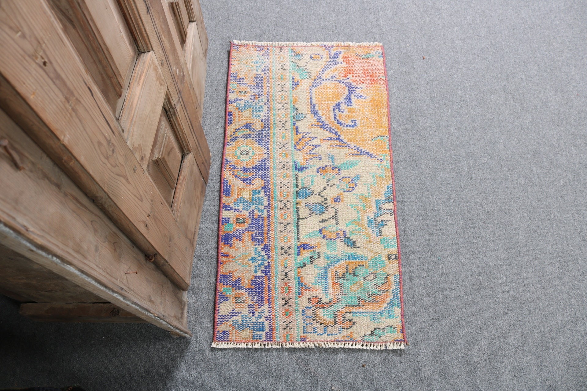 Vintage Halı, Paspas Halısı, Antika Halı, Duvara Asılı Halı, Aztek Halısı, Turuncu Geometrik Halı, Türk Halısı, Geometrik Halı, 1.5x2.8 ft Küçük Halı