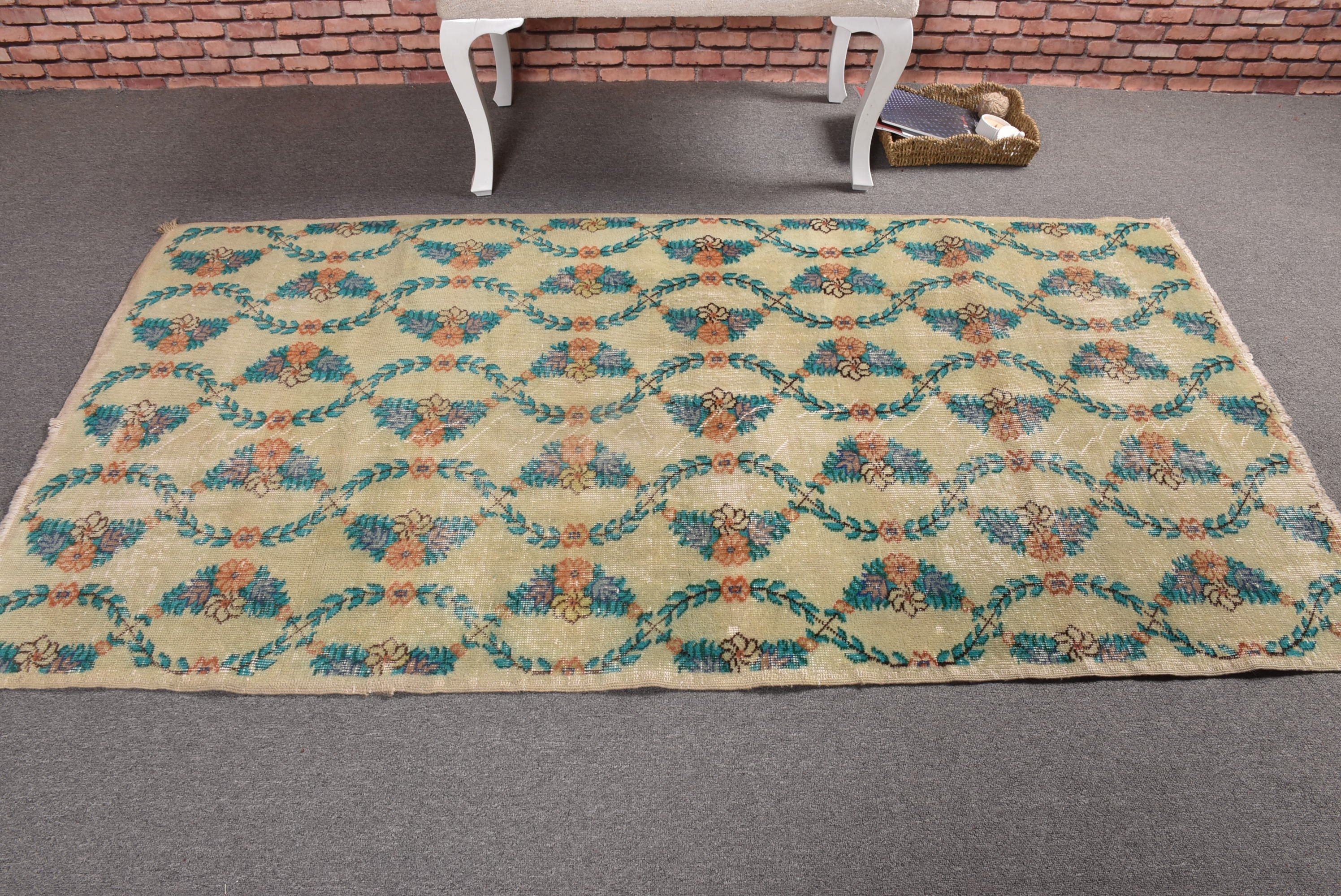 Decorative Rugs, Beige Cool Rug, 3.7x6.9 ft Area Rugs, Anatolian Rug, Vintage Rug, Kitchen Rug, Rugs for Kitchen, Bedroom Rug, Turkish Rugs