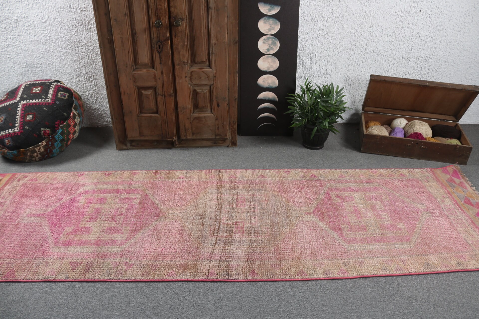 Turkish Rugs, Pink Antique Rugs, Modern Rugs, 3.1x10.1 ft Runner Rug, Beni Ourain Runner Rugs, Kitchen Rug, Stair Rug, Vintage Rug