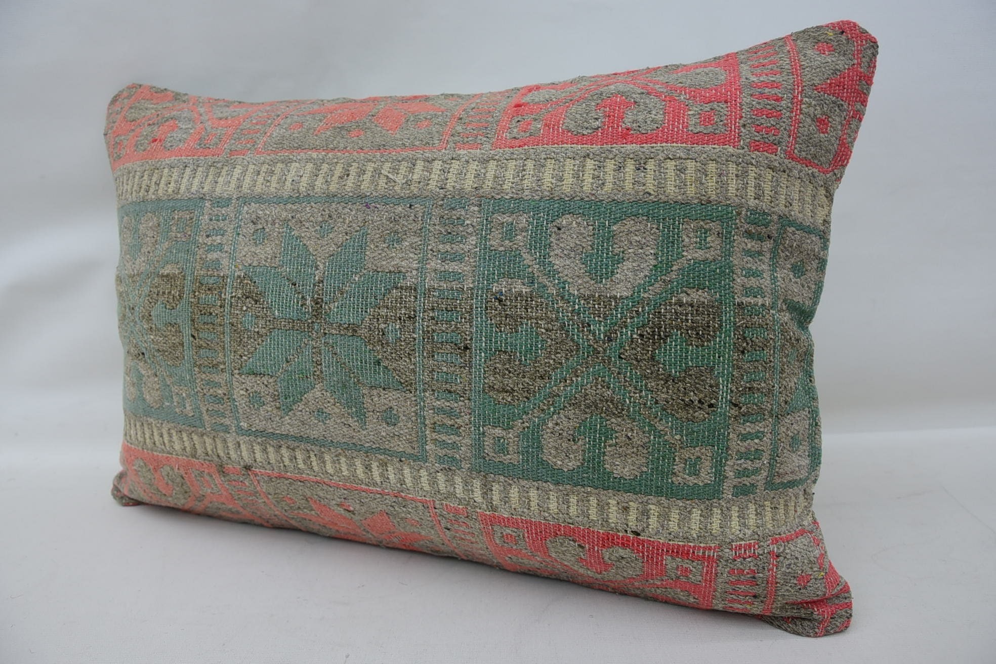 Turkish Rugs Cushion, Handmade Kilim Cushion, Vintage Kilim Throw Pillow, Interior Designer Pillow, 16"x24" Green Pillow