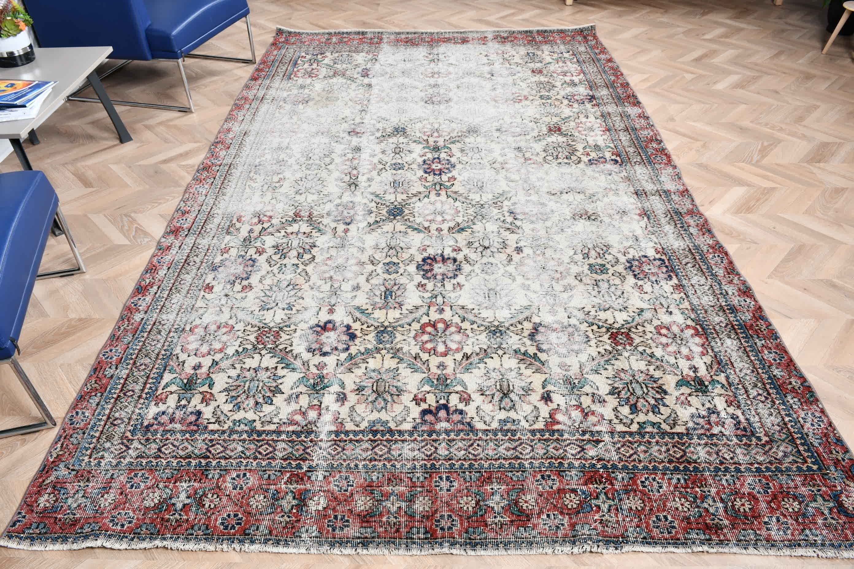 Yün Halı, Oturma Odası Halısı, Vintage Halılar, Bej Oushak Halısı, Yatak Odası Halısı, Retro Halılar, Türk Halıları, Anadolu Halısı, 6.4x10.9 ft Büyük Halı