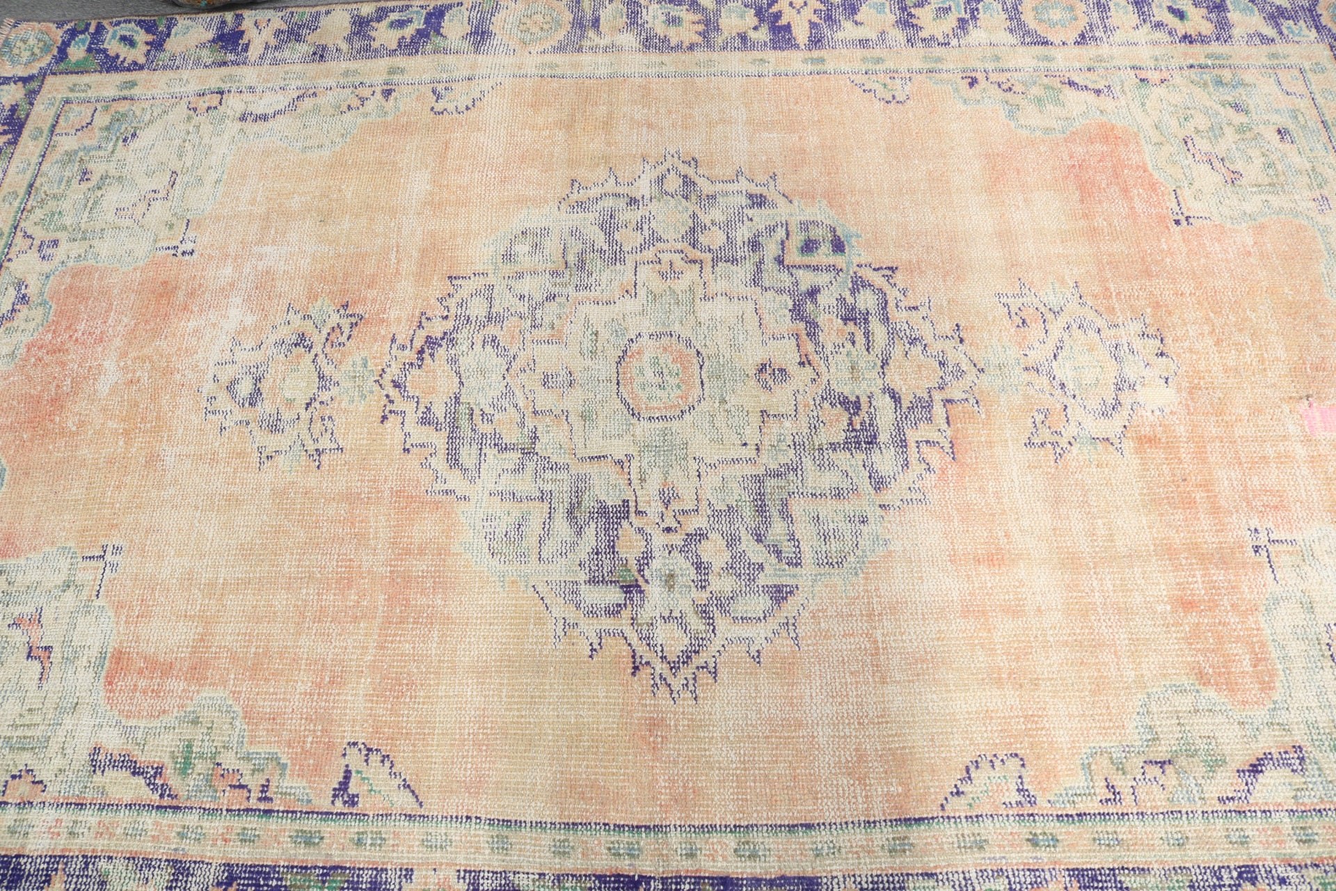 Vintage Halı, Antika Halılar, 4,8x7,4 ft Alan Halıları, Yatak Odası Halısı, Türkiye Halısı, Turuncu El Dokuma Halısı, Oushak Bölge Halısı, Türk Halısı, Nötr Halılar