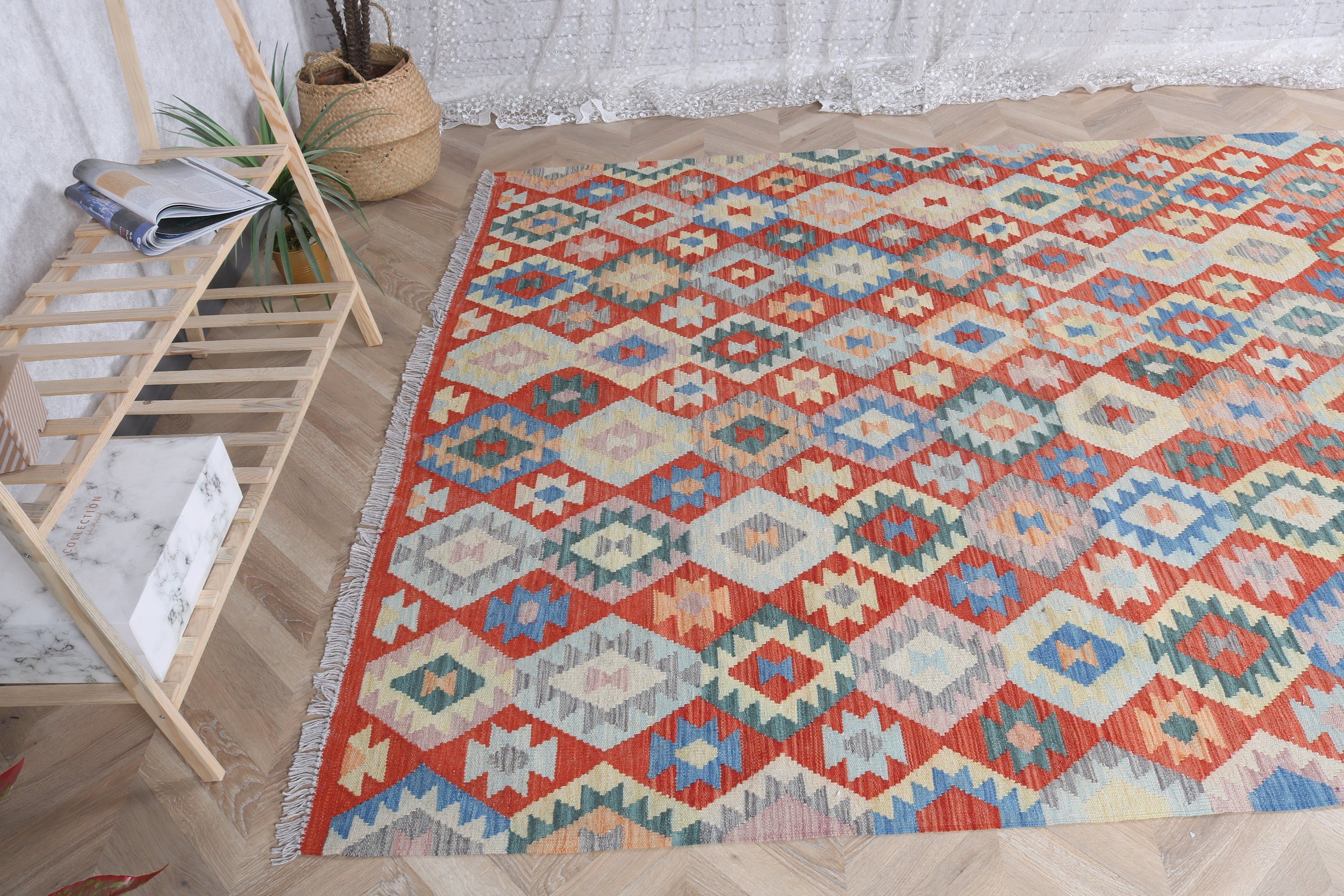 Turkish Rug, Living Room Rugs, Vintage Rug, Large Oushak Rugs, 6x7.6 ft Large Rug, Rainbow Boho Rug, Neutral Rug, Aztec Rug, Flatweave Rugs